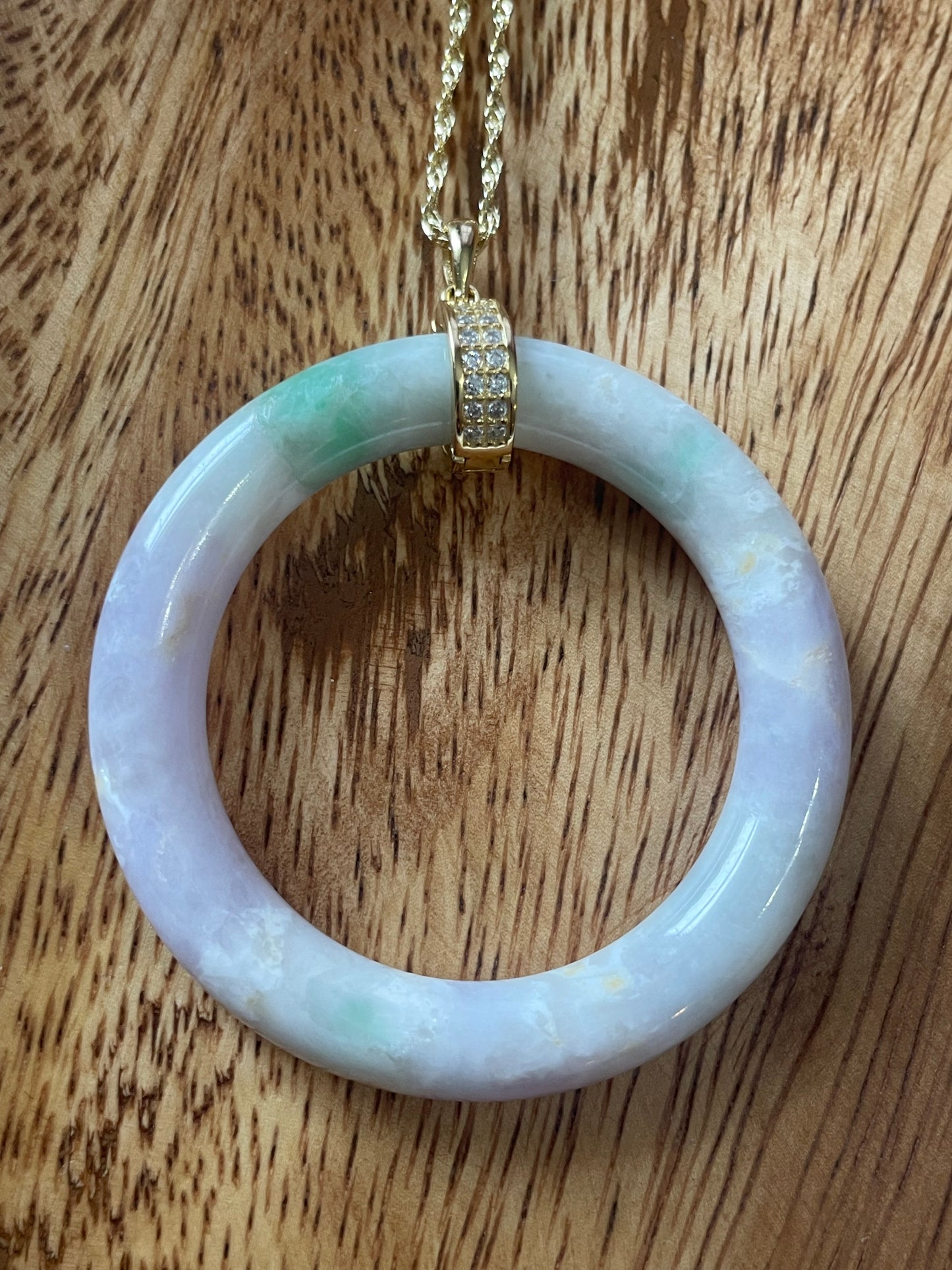 Grade A Natural Green Burma (Myanmar) Jadeite lavender with green circle gold over sterling silver necklace