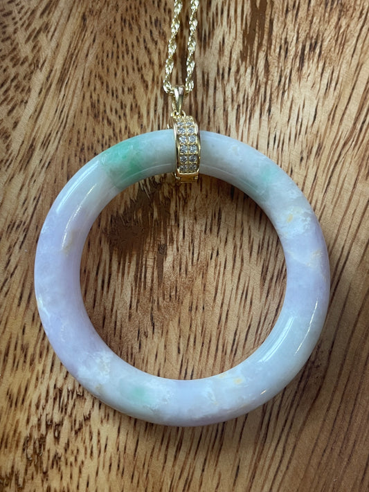 Grade A Natural Green Burma (Myanmar) Jadeite lavender with green circle gold over sterling silver necklace