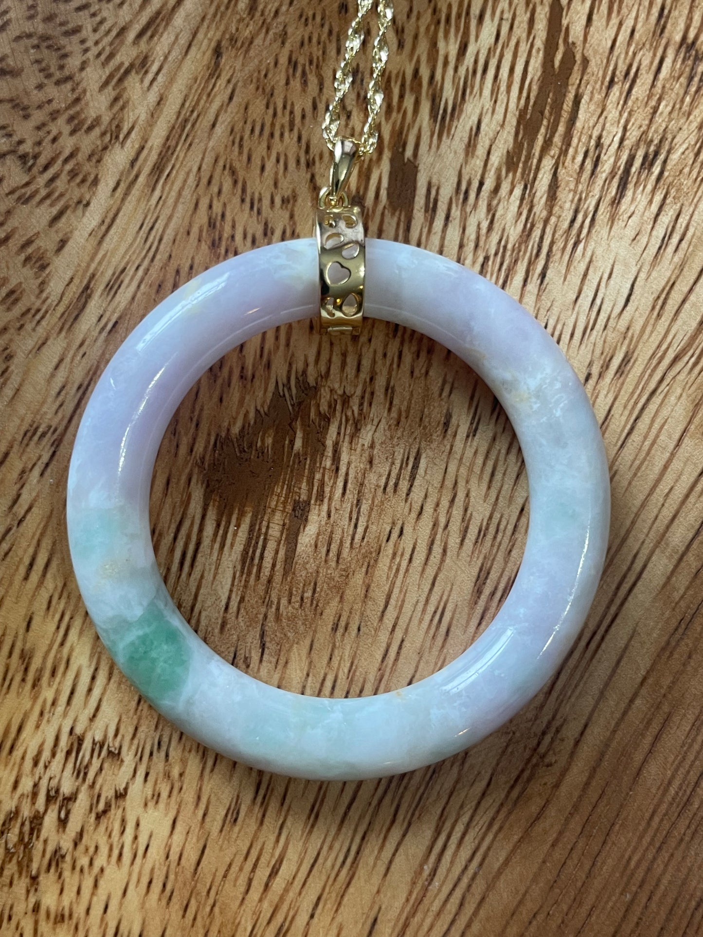 Grade A Natural Green Burma (Myanmar) Jadeite lavender with green circle gold over sterling silver necklace