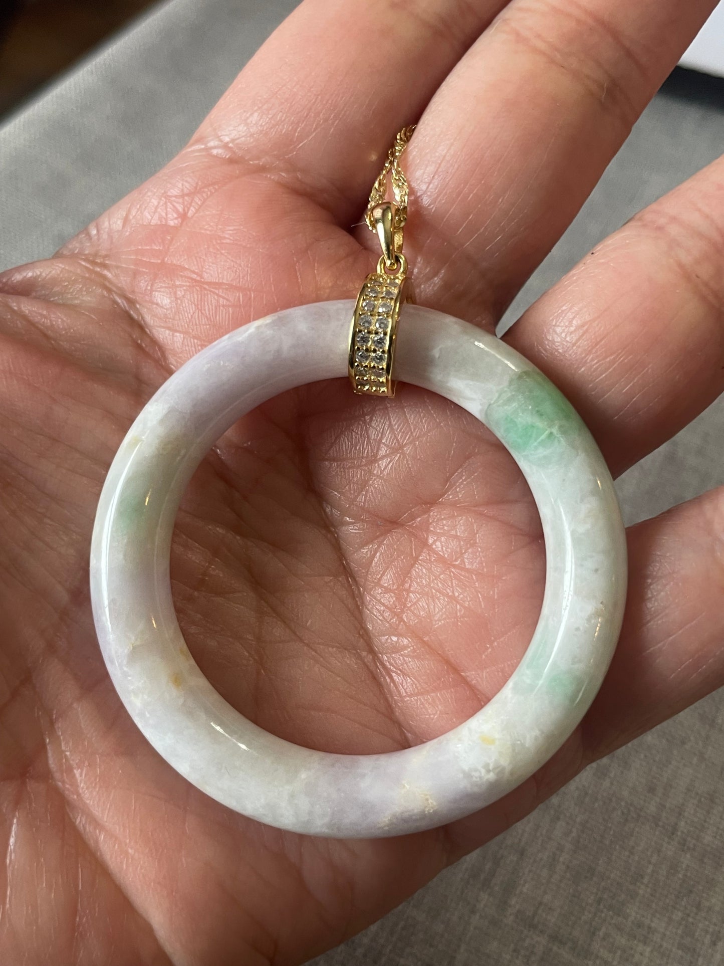 Grade A Natural Green Burma (Myanmar) Jadeite lavender with green circle gold over sterling silver necklace