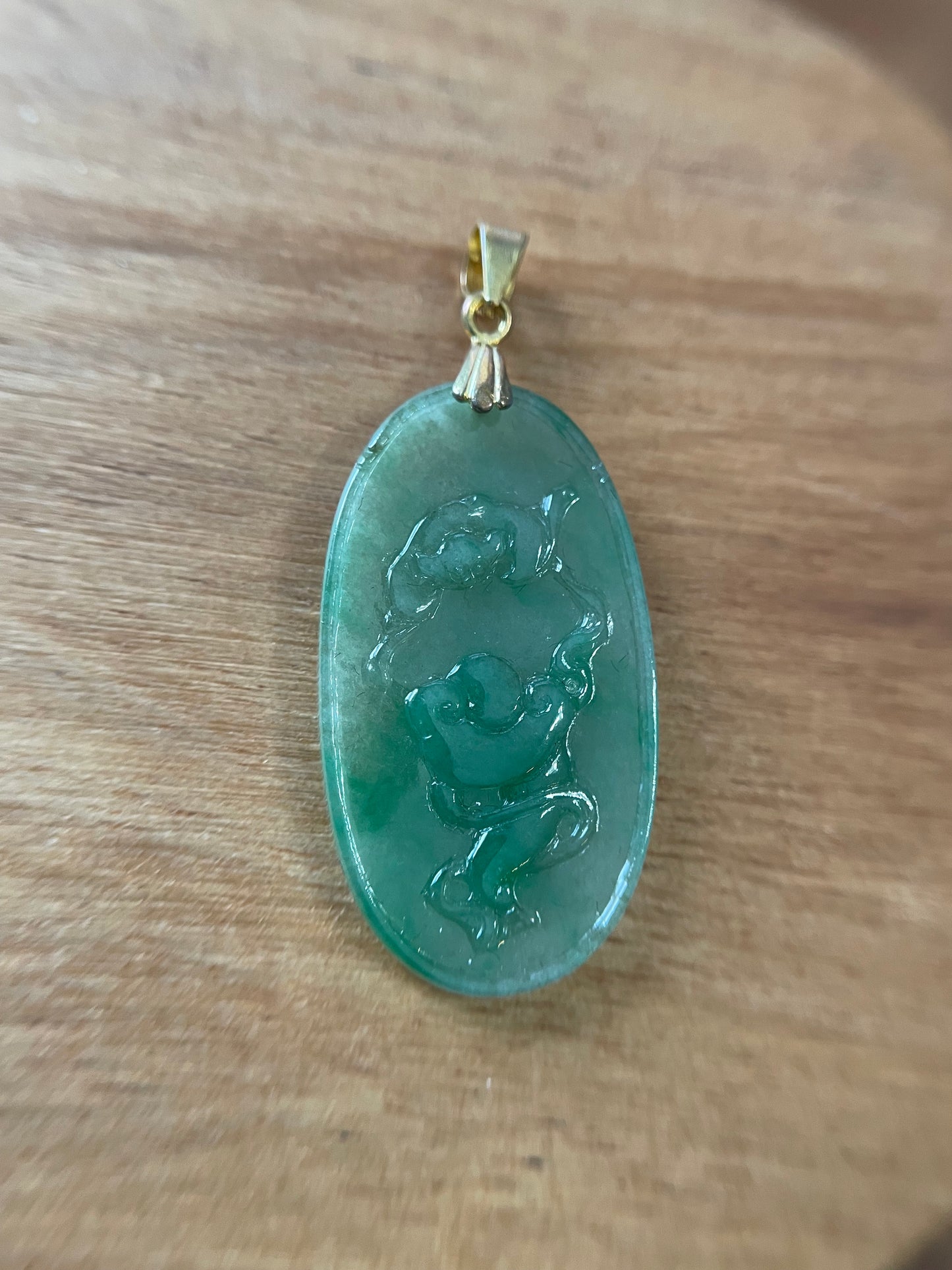 Grade A Natural Icy green Burma Jadeite pendant with double sided hand carved with bat and Yuyi mushroom and flower
