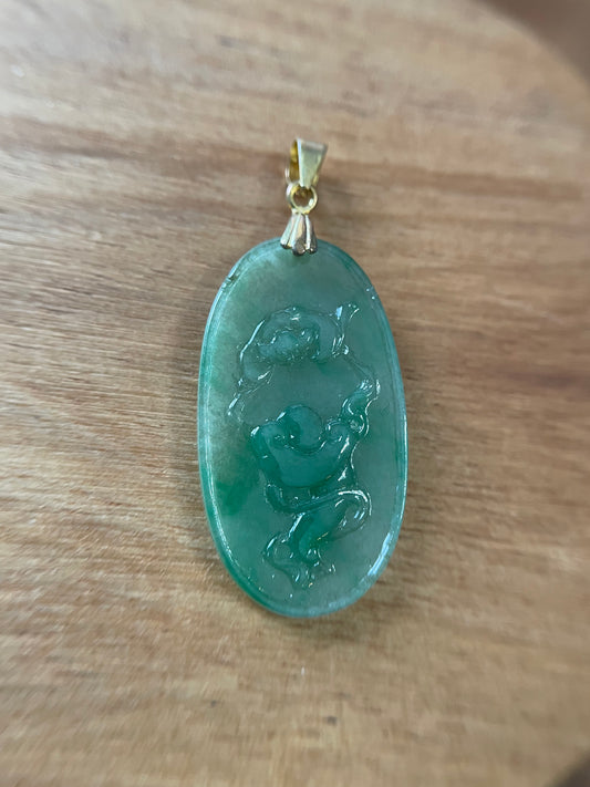 Grade A Natural Icy green Burma Jadeite pendant with double sided hand carved with bat and Yuyi mushroom and flower