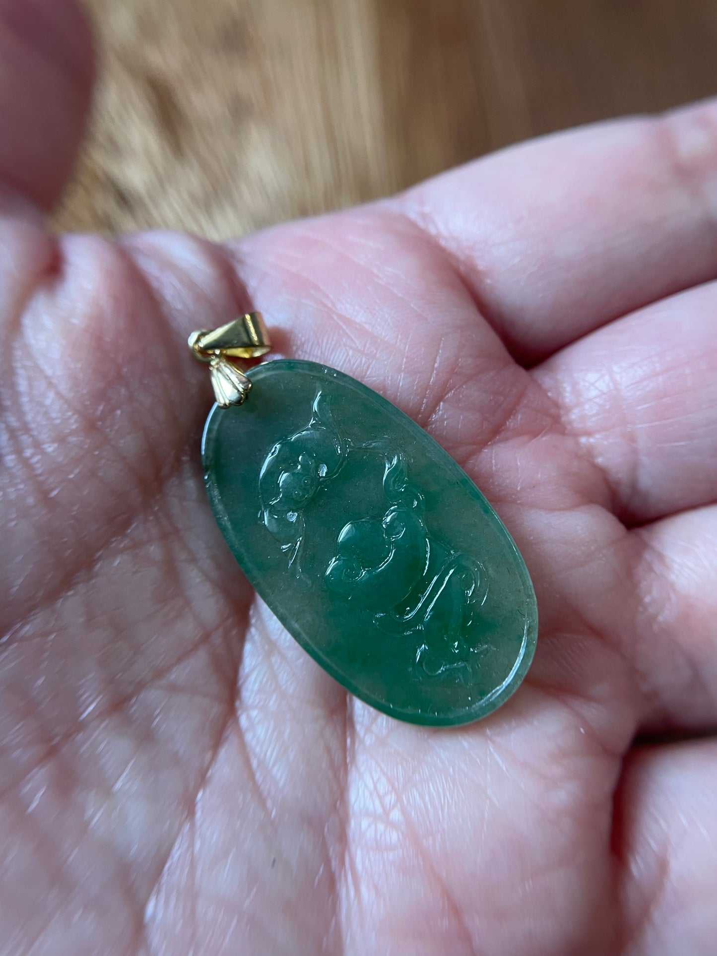 Grade A Natural Icy green Burma Jadeite pendant with double sided hand carved with bat and Yuyi mushroom and flower