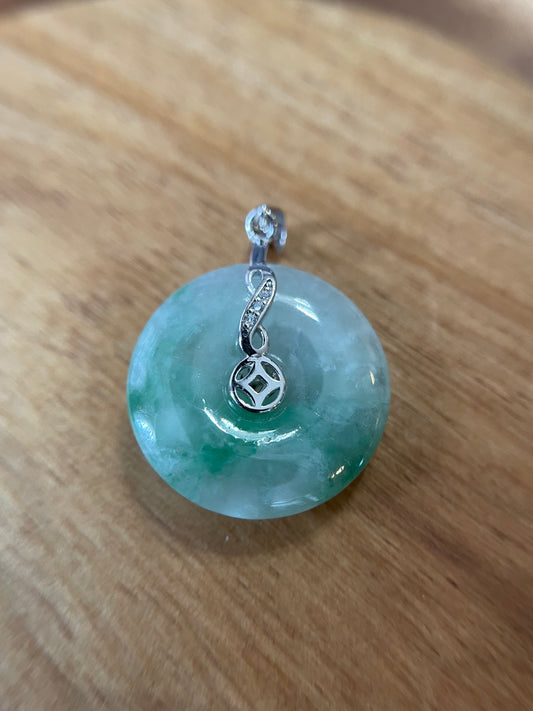 Grade A Natural Green Jadeite Pi Disc ( peng on kou, donut) pendant with sterling silver four leaves clover bail