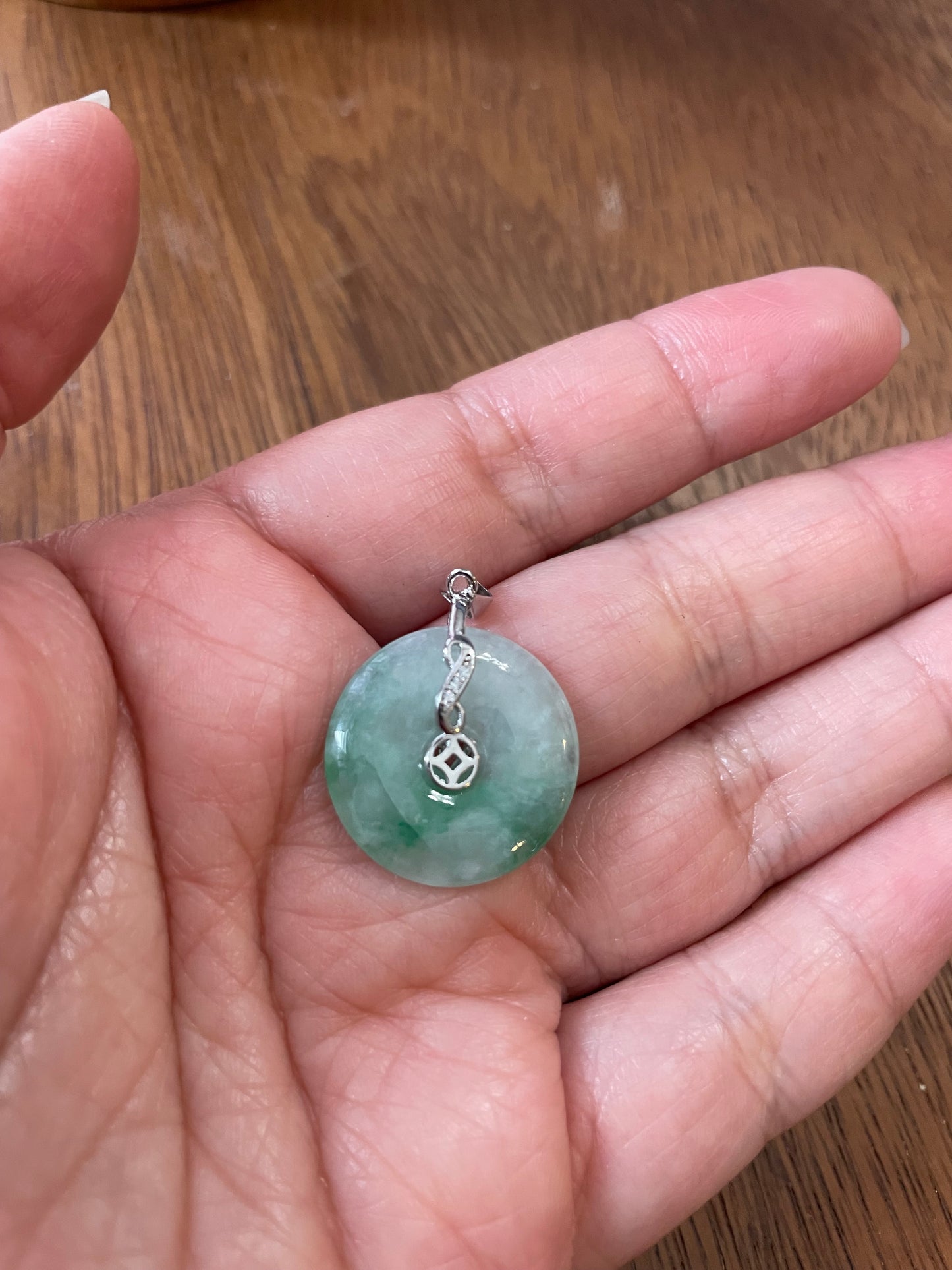 Grade A Natural Green Jadeite Pi Disc ( peng on kou, donut) pendant with sterling silver four leaves clover bail