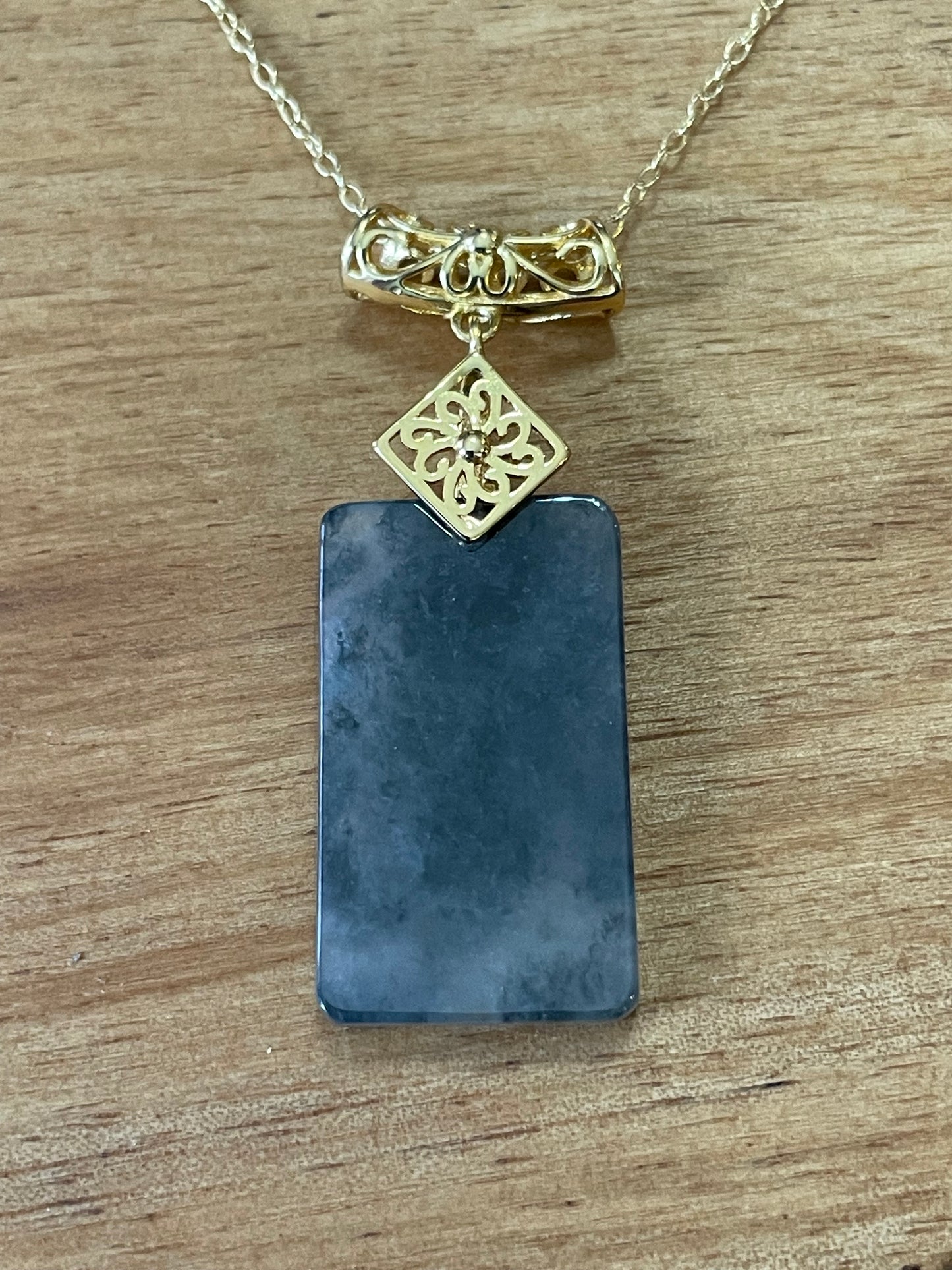 Grade A Natural Black Chicken Jadeite Retangle pendant gold over sterling silver necklace