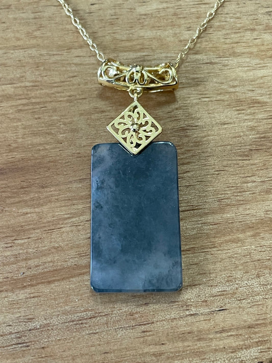 Grade A Natural Black Chicken Jadeite Retangle pendant gold over sterling silver necklace