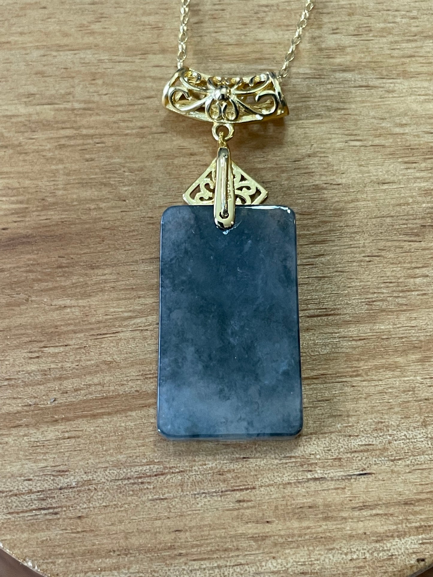 Grade A Natural Black Chicken Jadeite Retangle pendant gold over sterling silver necklace