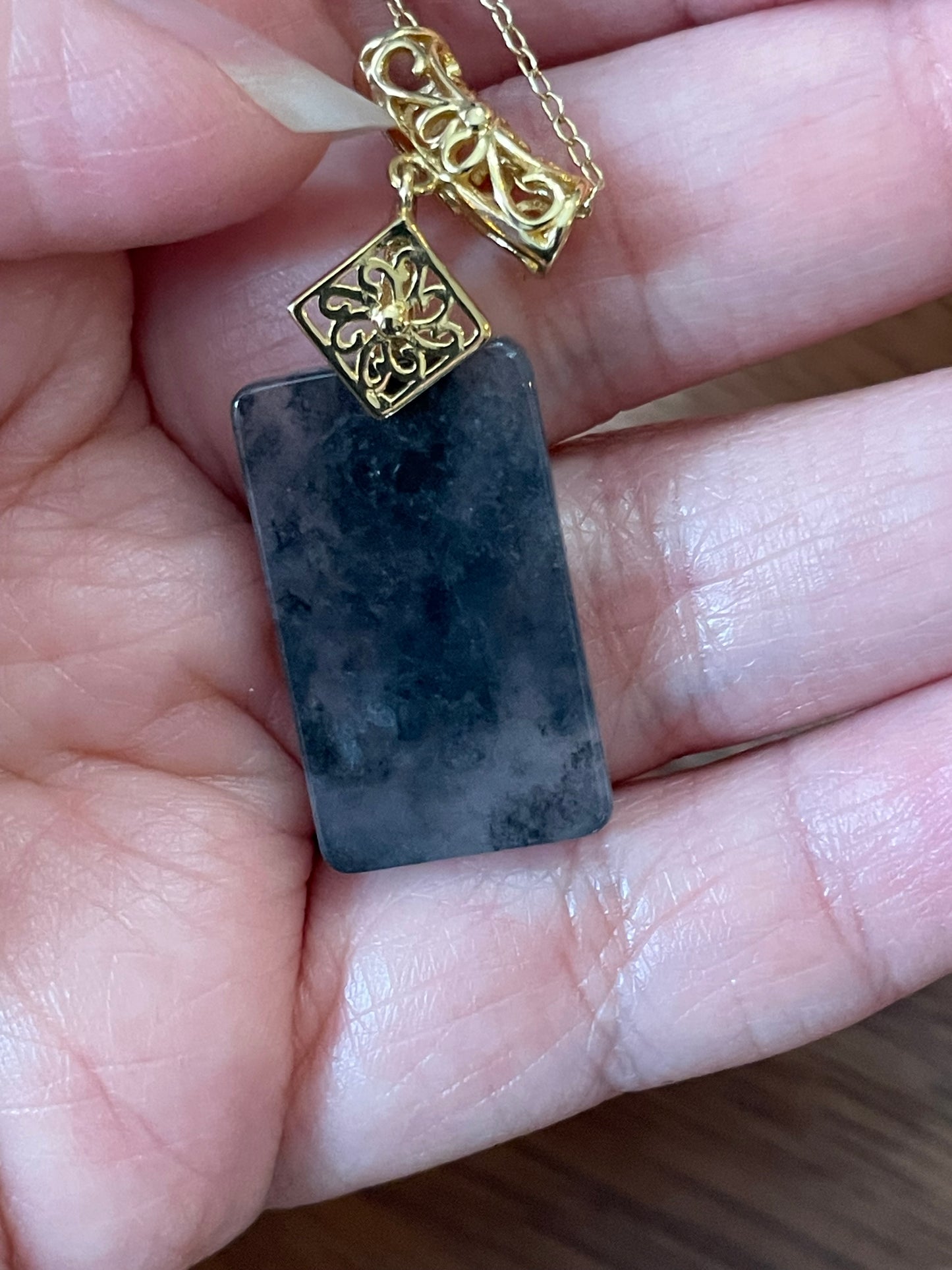 Grade A Natural Black Chicken Jadeite Retangle pendant gold over sterling silver necklace