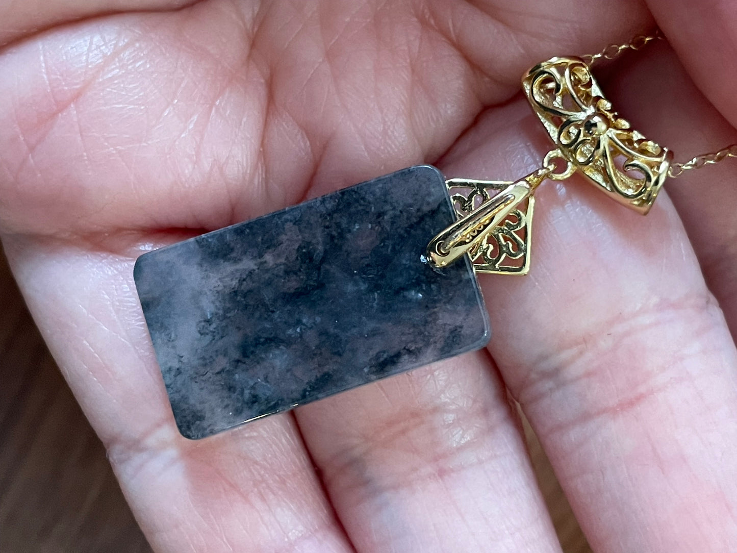 Grade A Natural Black Chicken Jadeite Retangle pendant gold over sterling silver necklace
