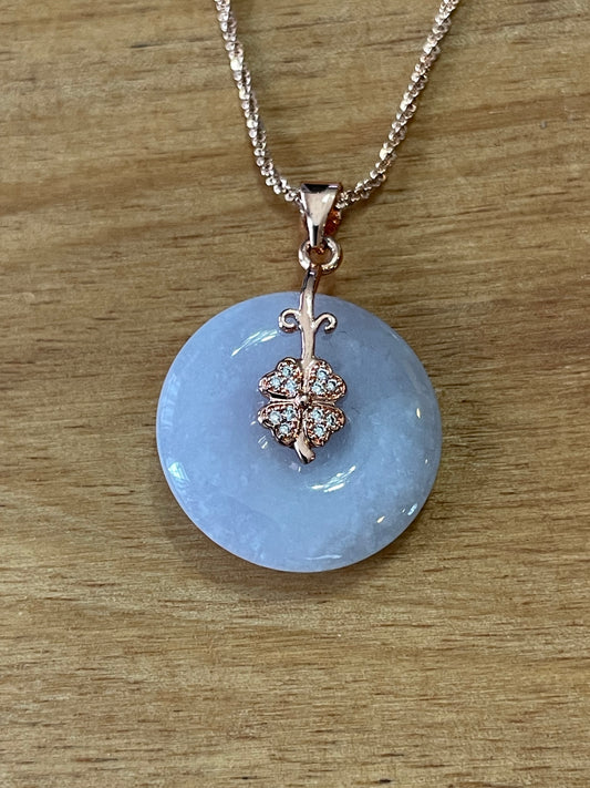 Grade A Natural Burma lavender Jadeite Pi Disc (peng on kou, donut) pendant with a sterling silver, rose gold plated four leaves clover bail