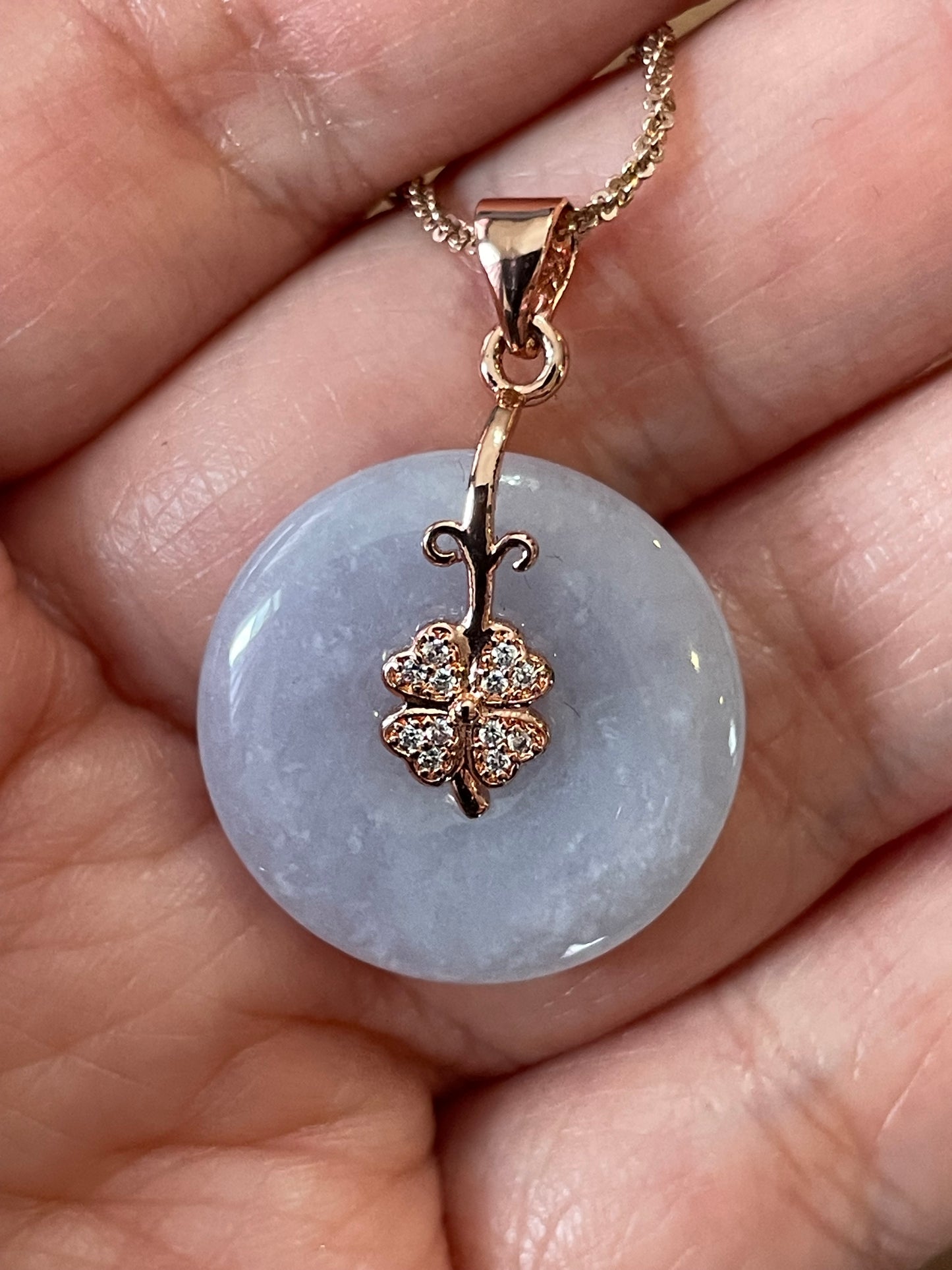 Grade A Natural Burma lavender Jadeite Pi Disc (peng on kou, donut) pendant with a sterling silver, rose gold plated four leaves clover bail