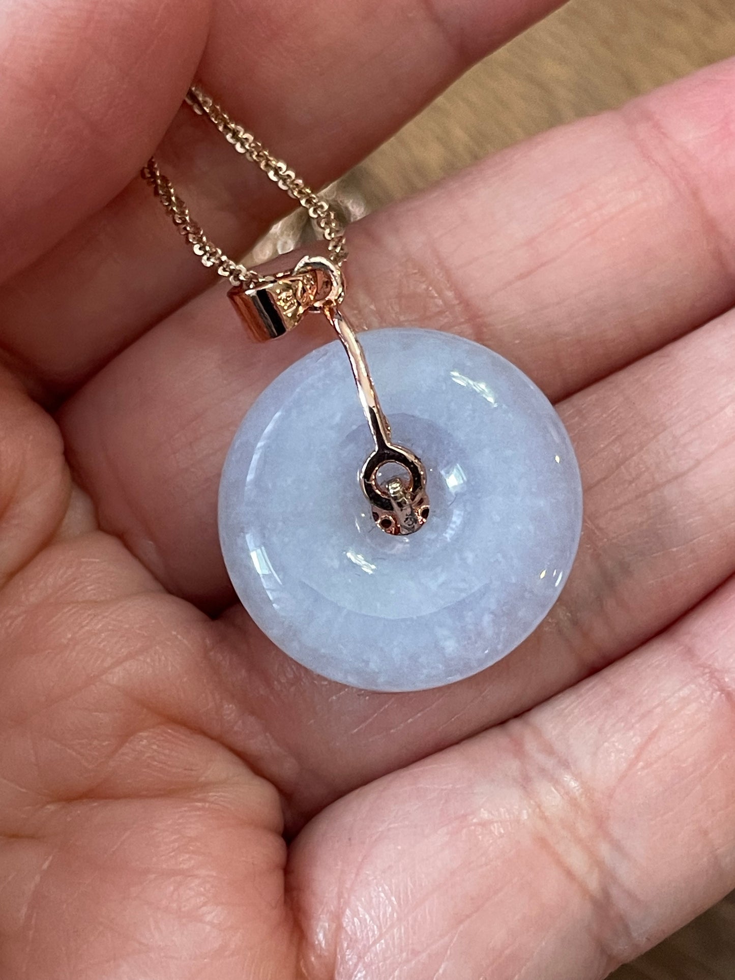 Grade A Natural Burma lavender Jadeite Pi Disc (peng on kou, donut) pendant with a sterling silver, rose gold plated four leaves clover bail