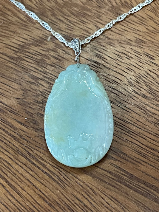Grade A Natural  Icy White Burma Jadeite Oval pendant With Silver necklace