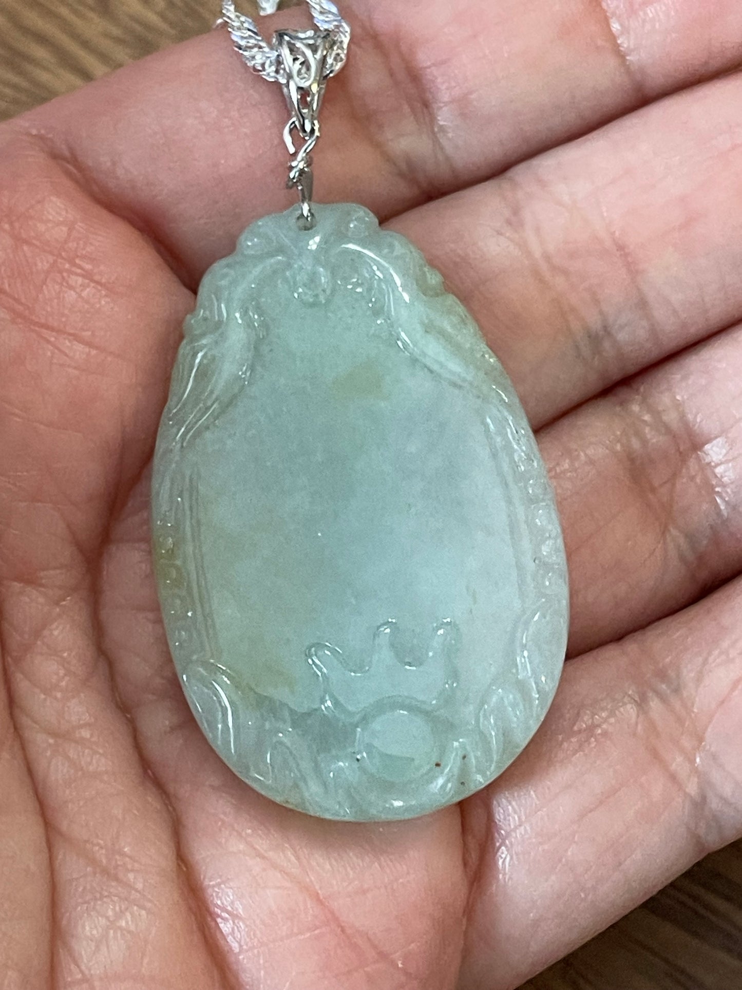 Grade A Natural  Light Green  Burma Jadeite Yuyi pendant With Silver necklace