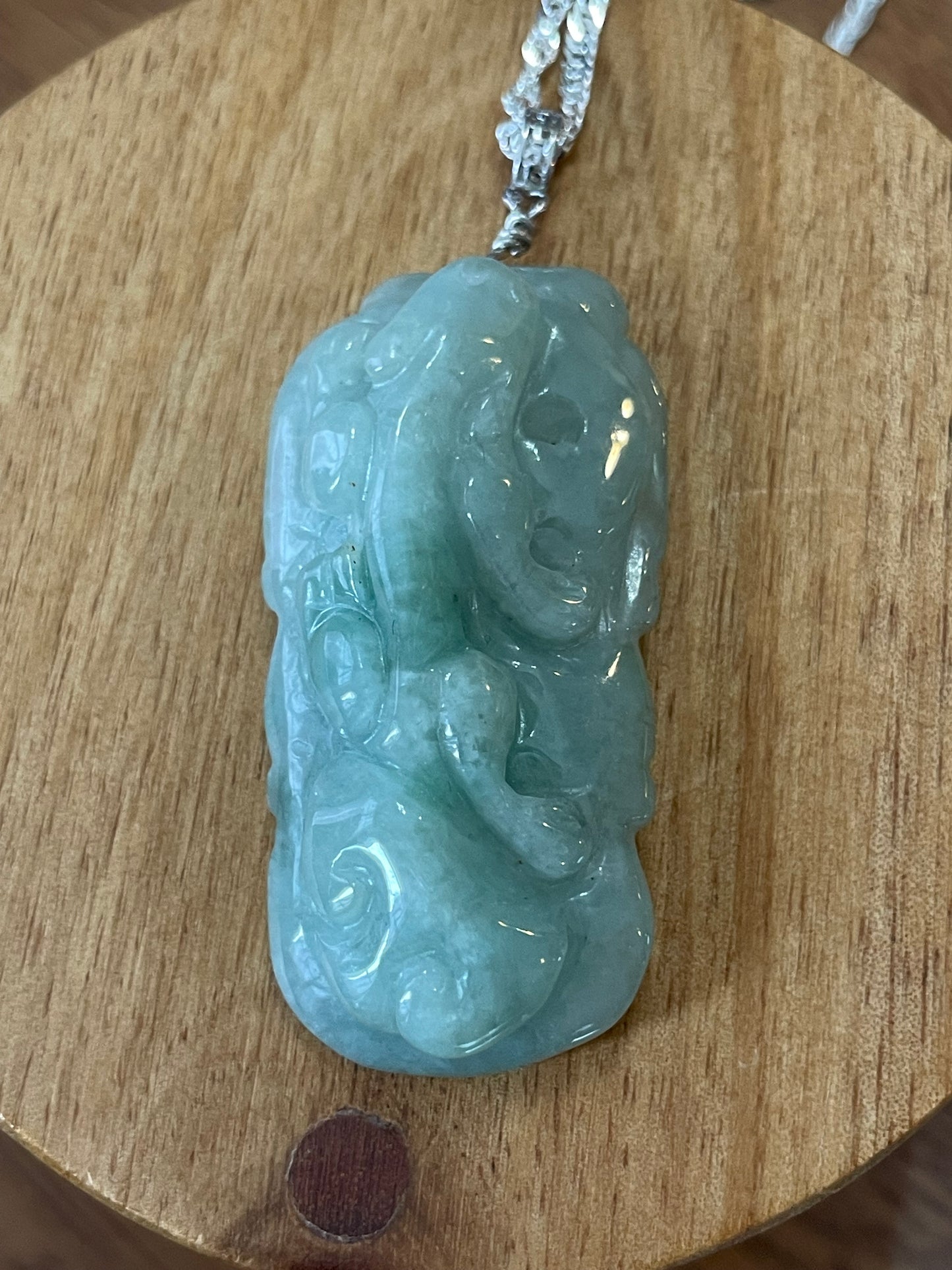 Natural Grade A Burmese Jadeite Glassy Blue Ancient Dragon over Leaf  Pendant silver necklace