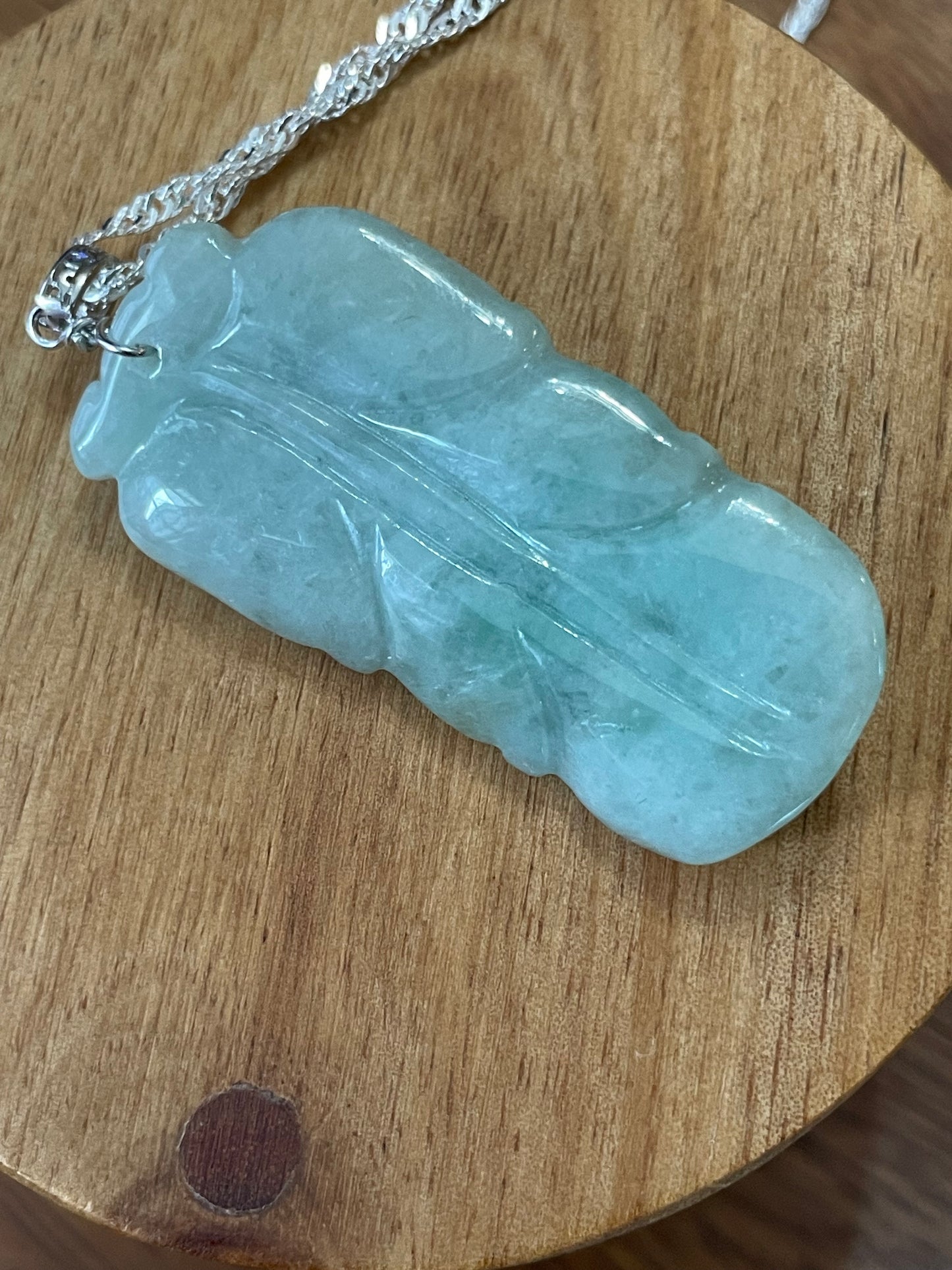 Natural Grade A Burmese Jadeite Glassy Blue Ancient Dragon over Leaf  Pendant silver necklace