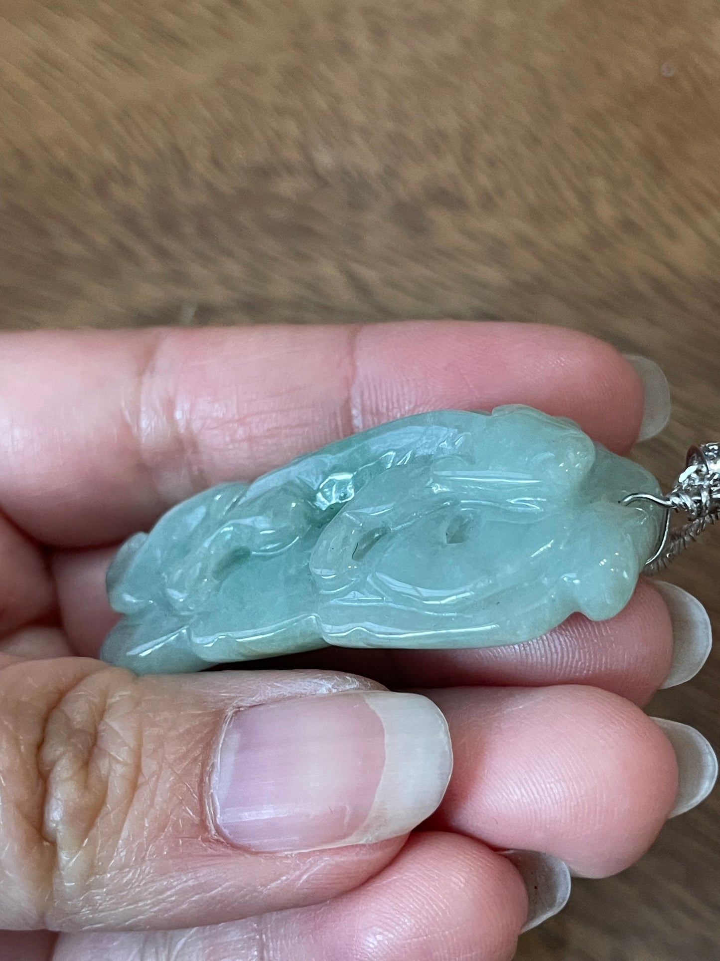 Natural Grade A Burmese Jadeite Glassy Blue Ancient Dragon over Leaf  Pendant silver necklace