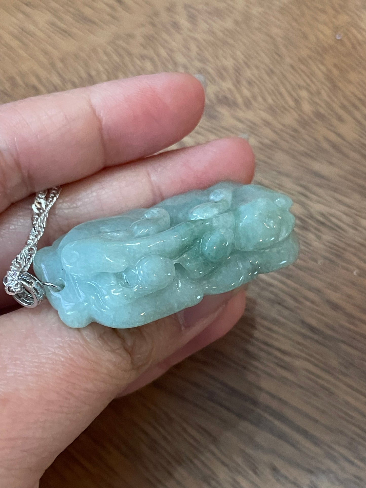 Natural Grade A Burmese Jadeite Glassy Blue Ancient Dragon over Leaf  Pendant silver necklace