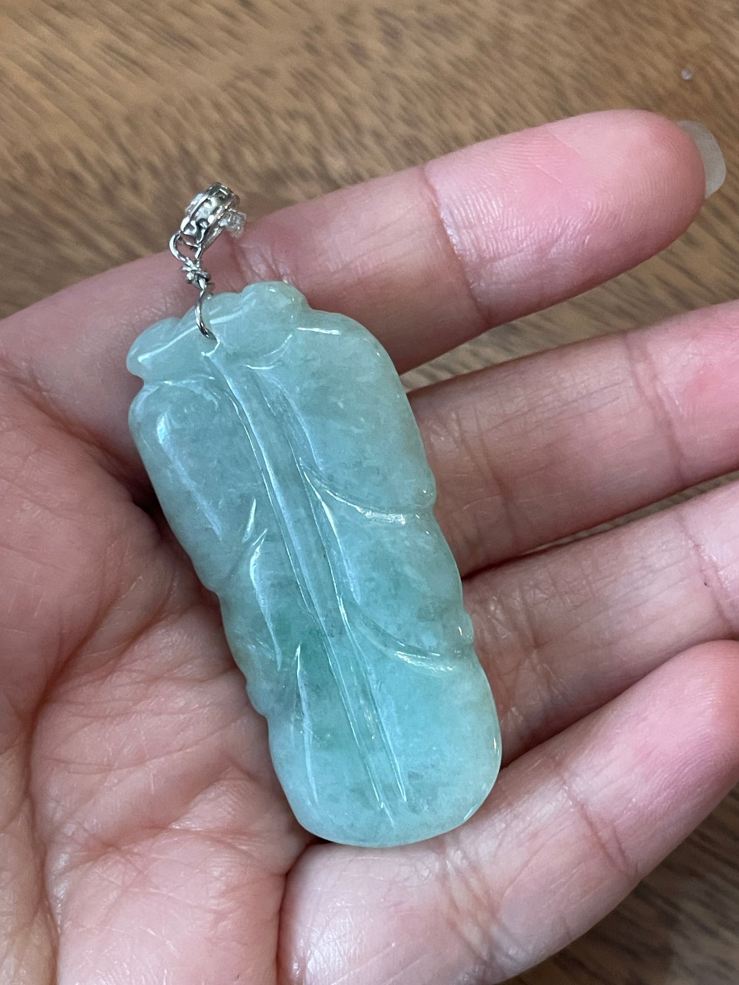 Natural Grade A Burmese Jadeite Glassy Blue Ancient Dragon over Leaf  Pendant silver necklace