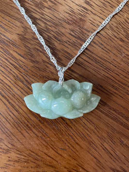 Natural jadeite Green Water Lily Pendant Silver Necklace