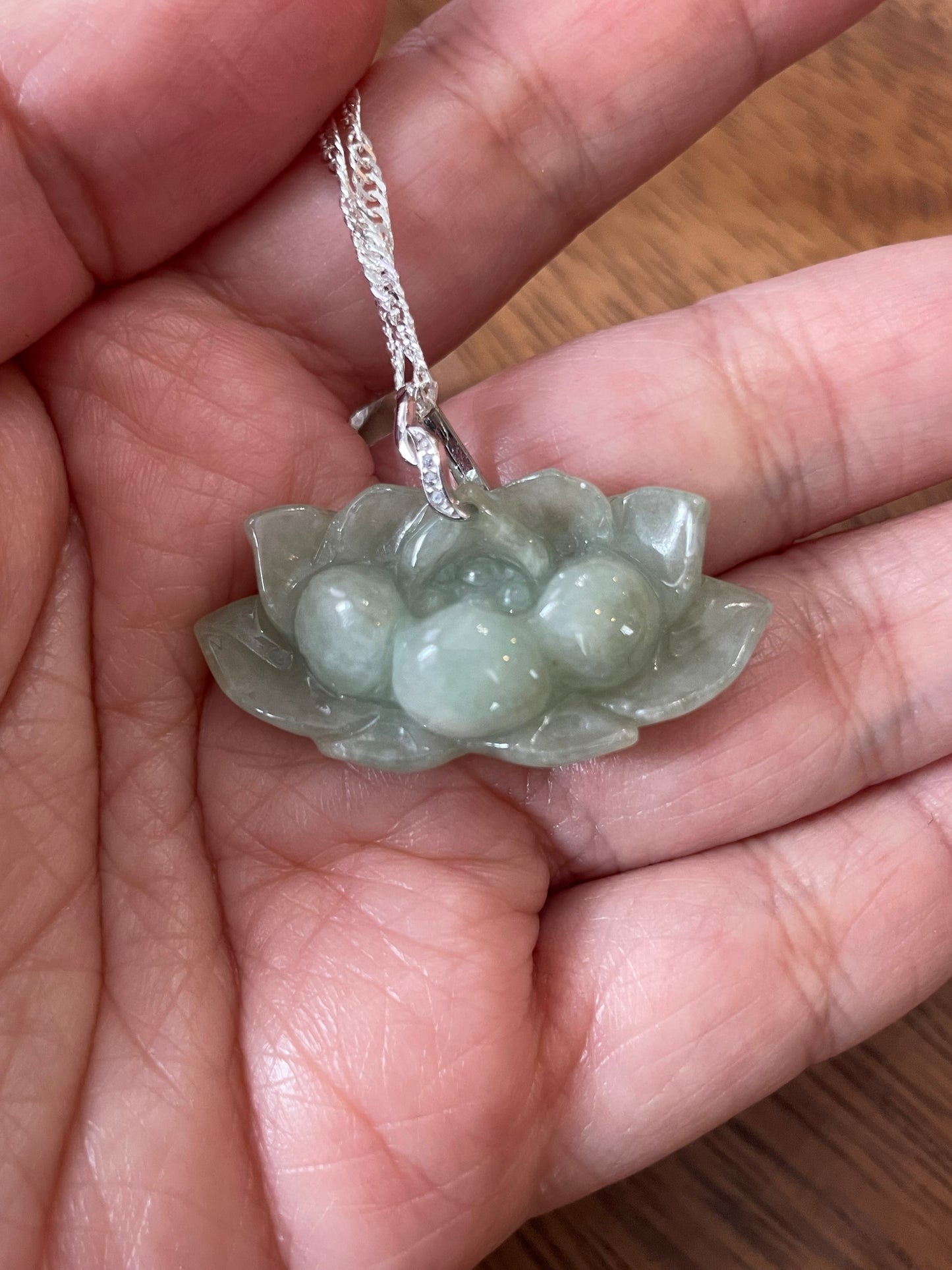 Natural jadeite Green Water Lily Pendant Silver Necklace