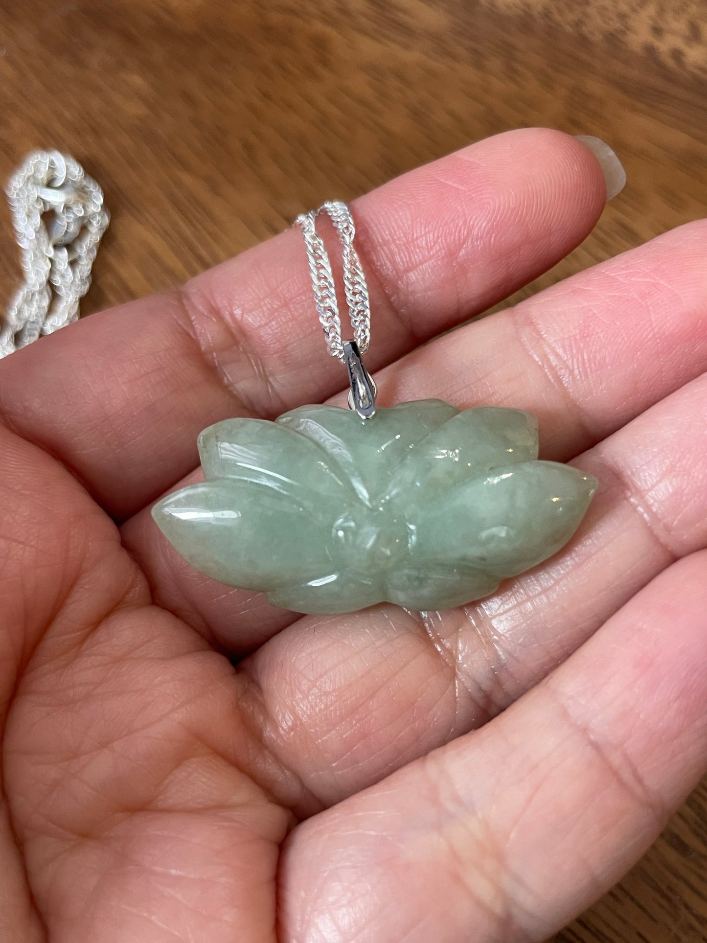 Natural jadeite Green Water Lily Pendant Silver Necklace