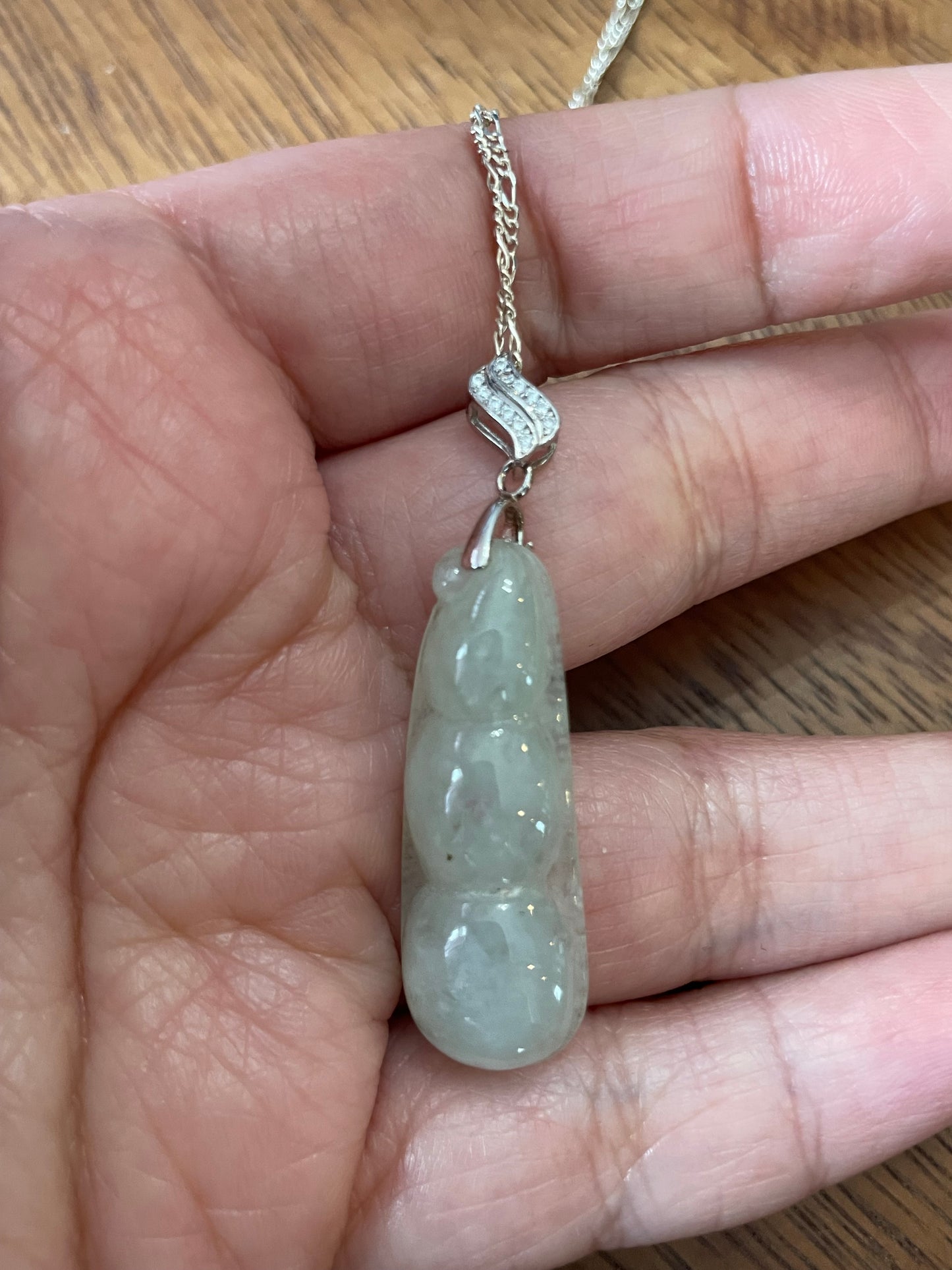 Natural White Jadeite Three Peas in a Pod Pendant, Sterling Silver necklace
