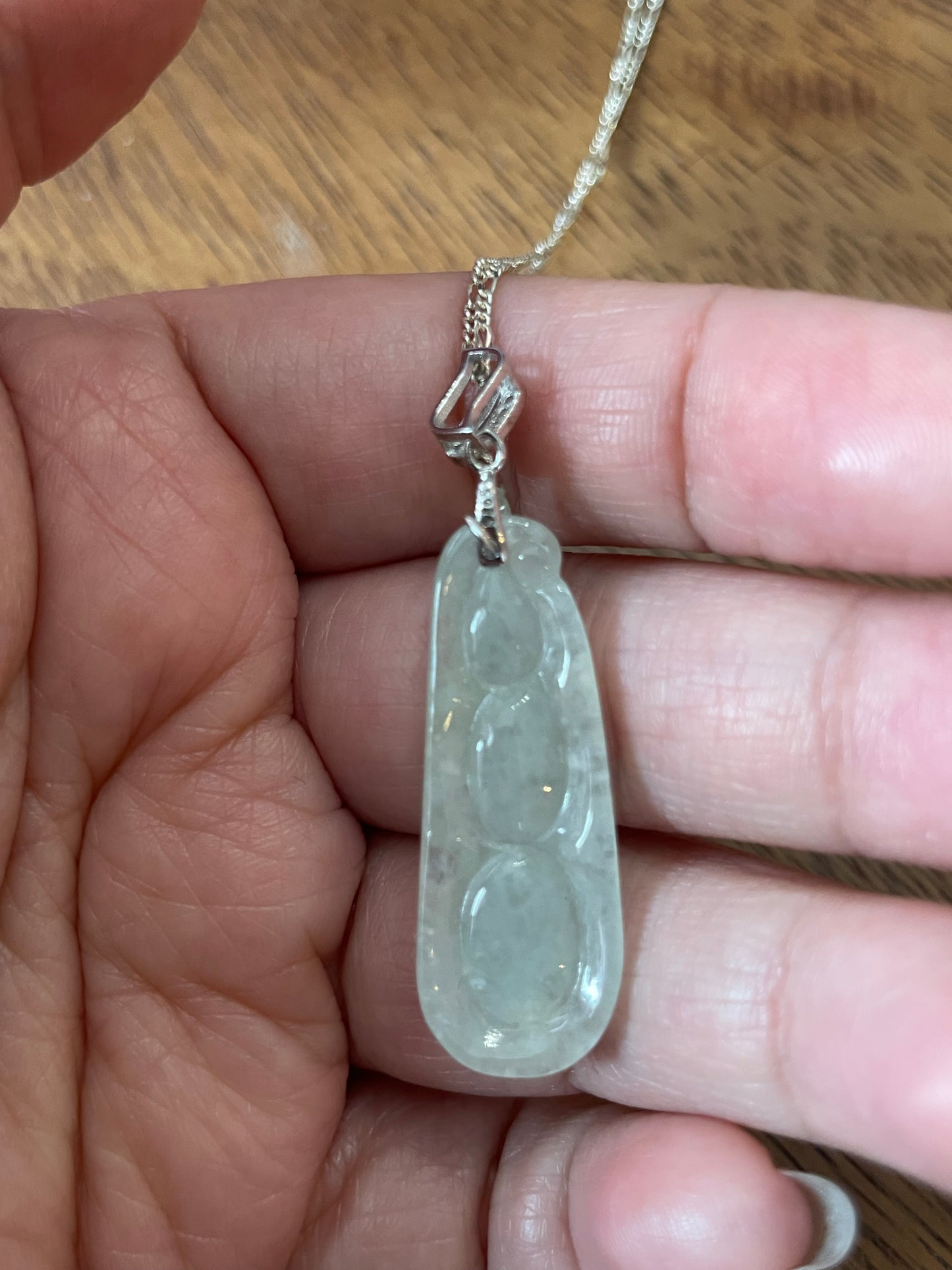 Natural White Jadeite Three Peas in a Pod Pendant, Sterling Silver necklace