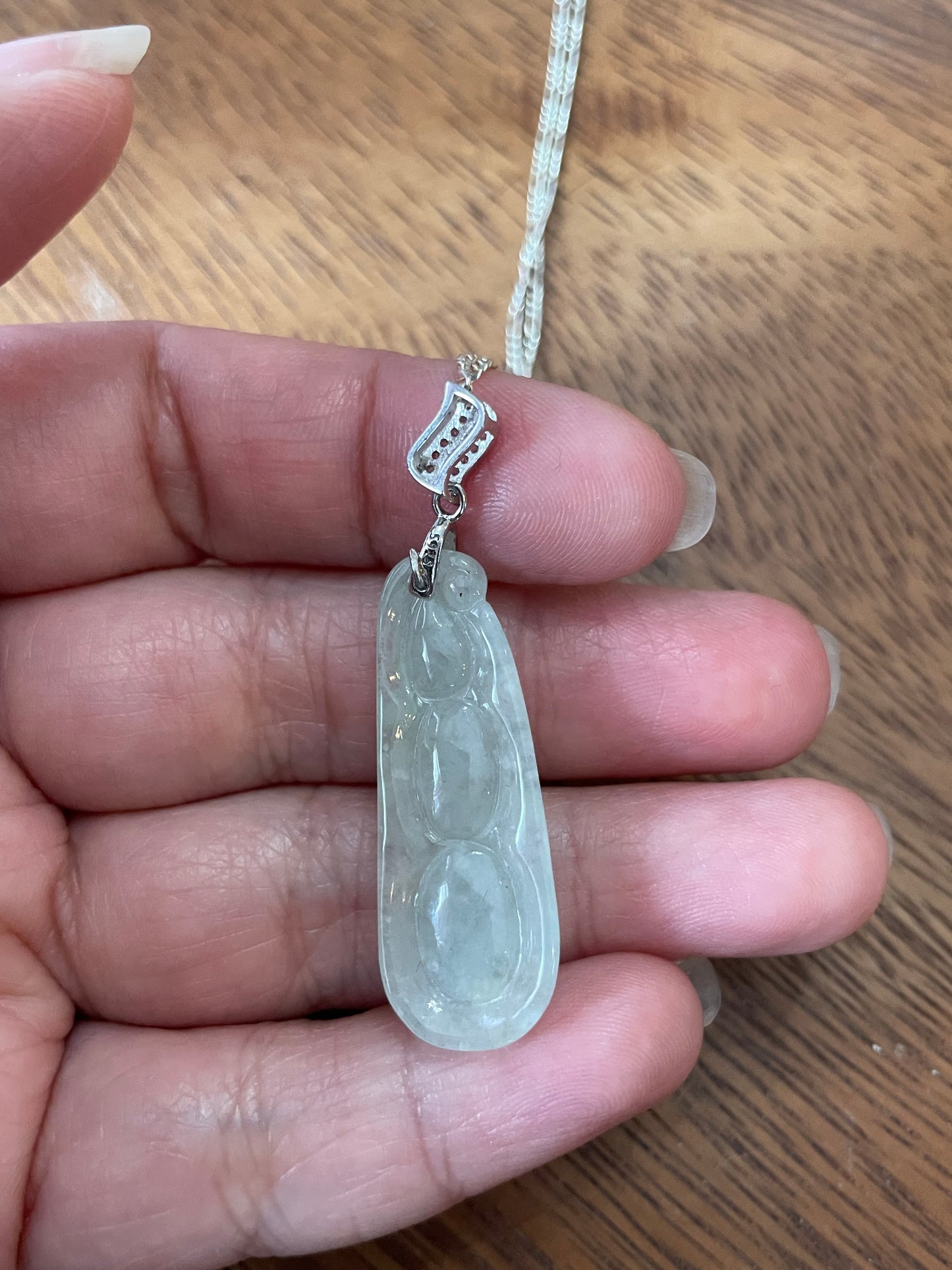Natural White Jadeite Three Peas in a Pod Pendant, Sterling Silver necklace