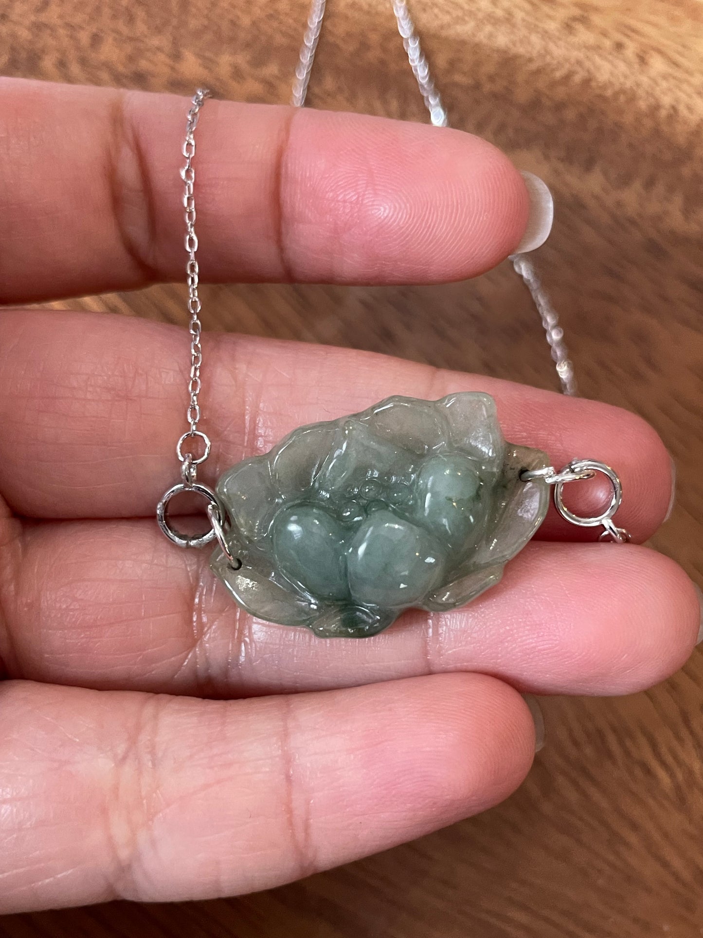 Natural jadeite  Green Water Lily Pendant Silver Necklace