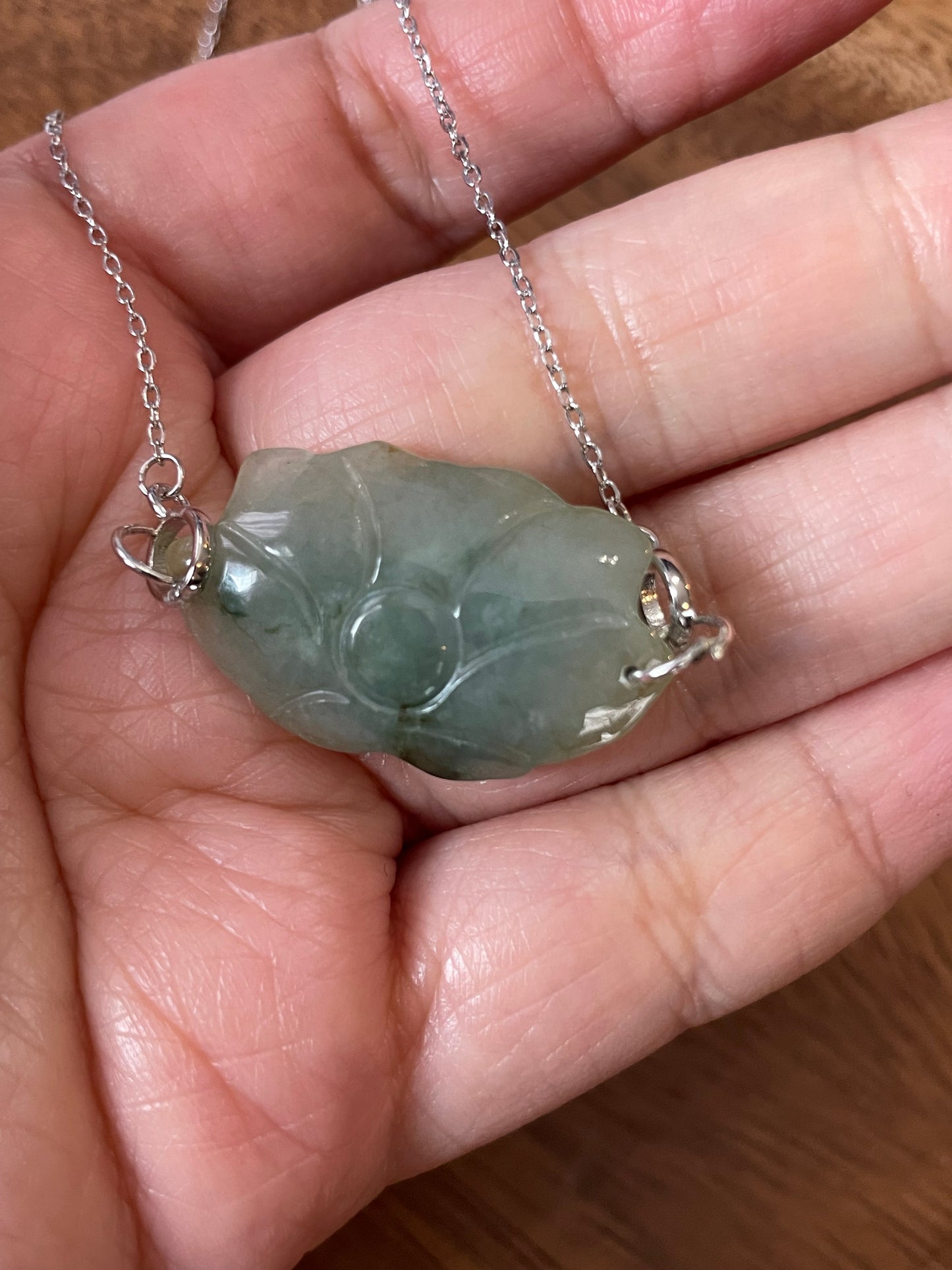 Natural jadeite  Green Water Lily Pendant Silver Necklace