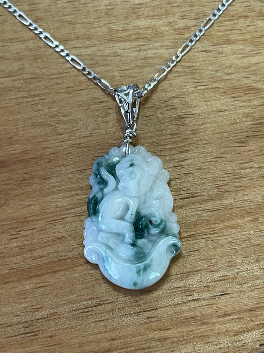 Grade A jadeite Zodiac (Monkey) pendant with silver necklace