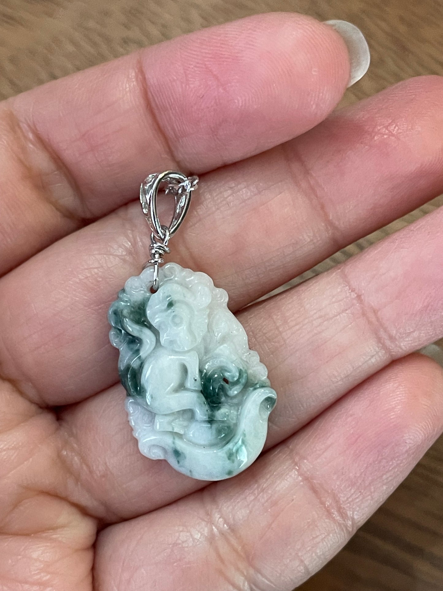 Grade A jadeite Zodiac (Monkey) pendant with silver necklace