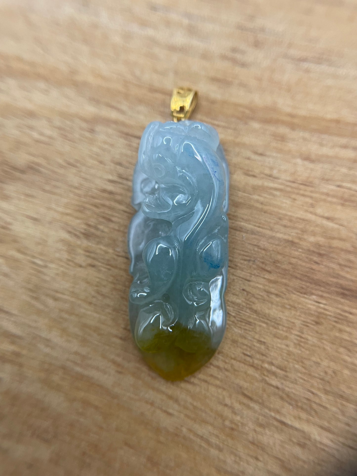 Natural Grade A Burmese Jadeite Glassy Blue  Yellow Pixiu  over Leaf 18K Yellow Gold Pendant
