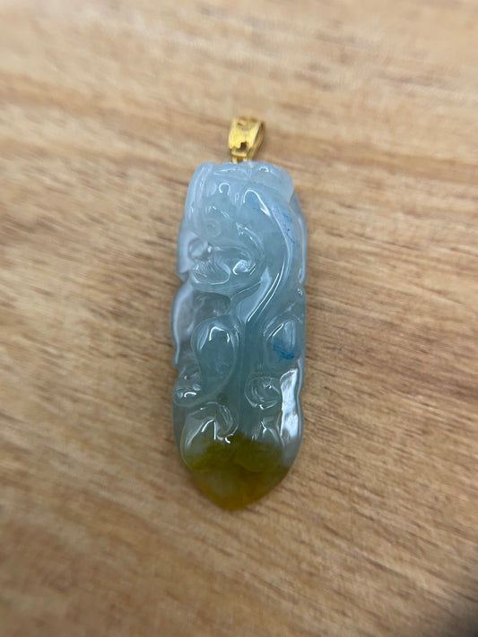 Natural Grade A Burmese Jadeite Glassy Blue  Yellow Pixiu  over Leaf 18K Yellow Gold Pendant