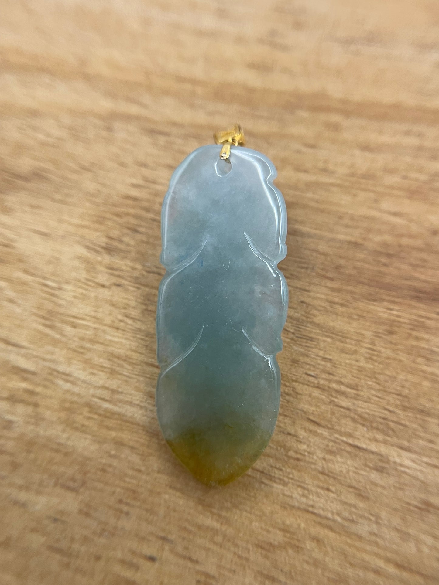 Natural Grade A Burmese Jadeite Glassy Blue  Yellow Pixiu  over Leaf 18K Yellow Gold Pendant
