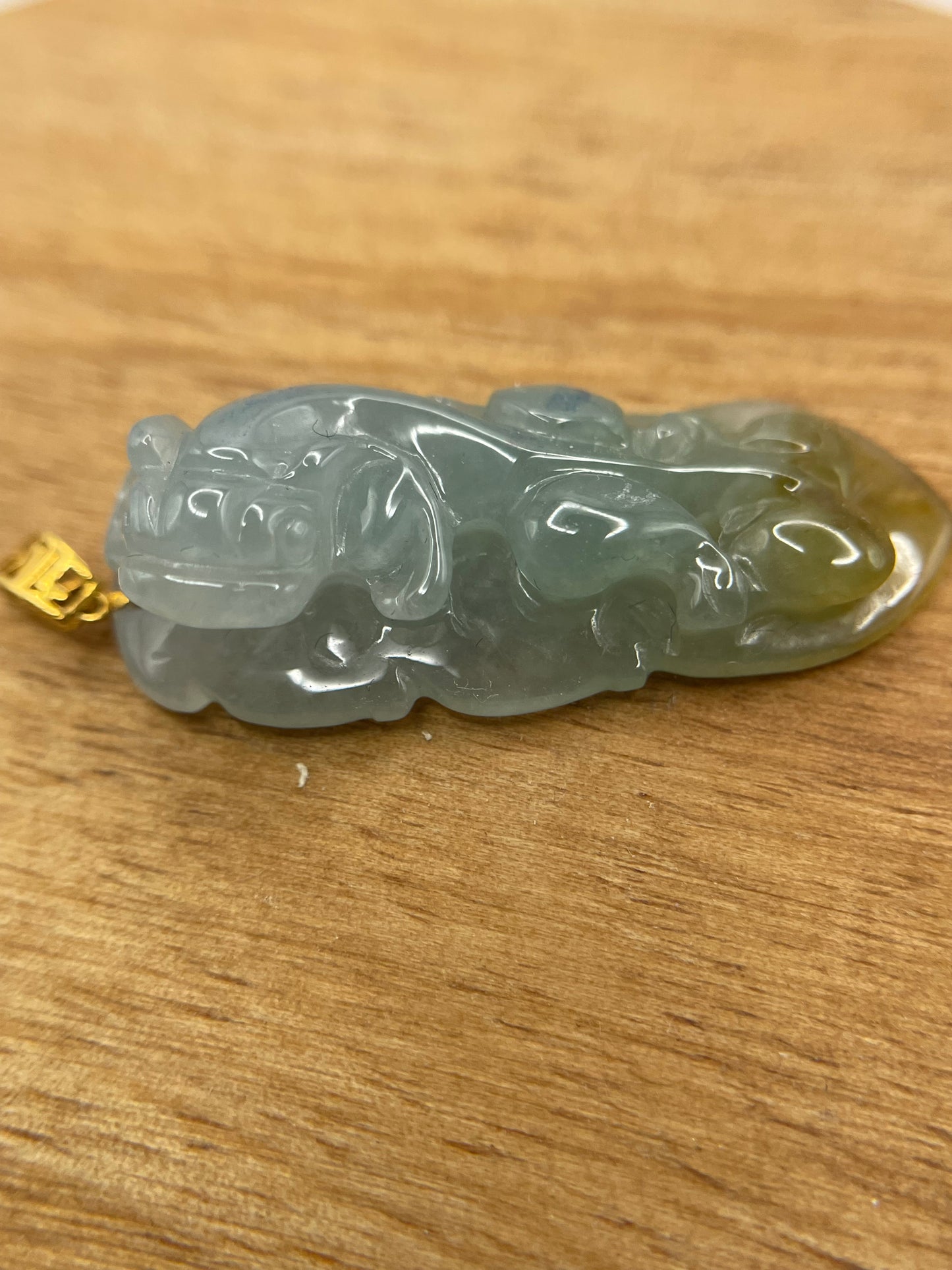 Natural Grade A Burmese Jadeite Glassy Blue  Yellow Pixiu  over Leaf 18K Yellow Gold Pendant