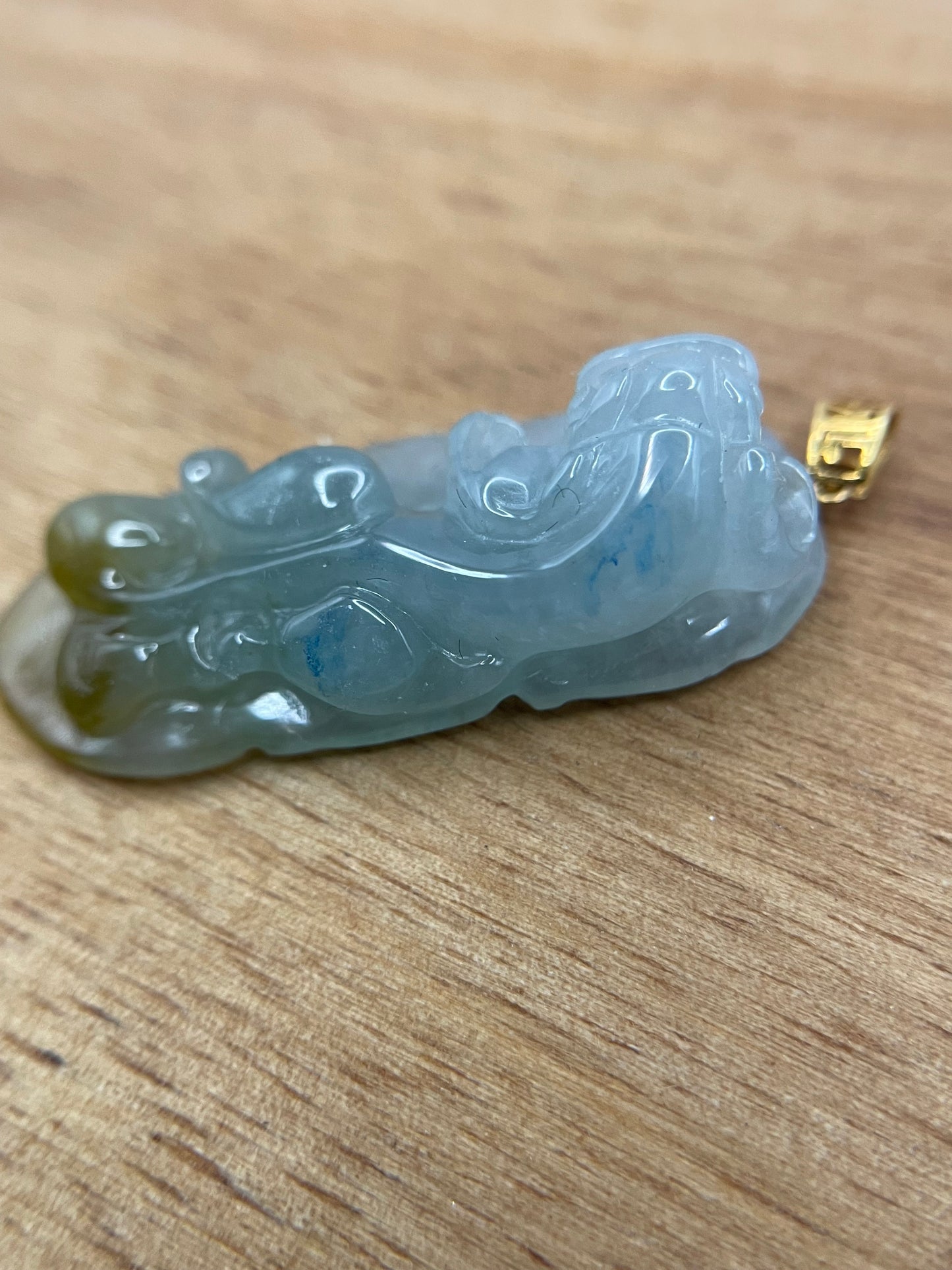 Natural Grade A Burmese Jadeite Glassy Blue  Yellow Pixiu  over Leaf 18K Yellow Gold Pendant