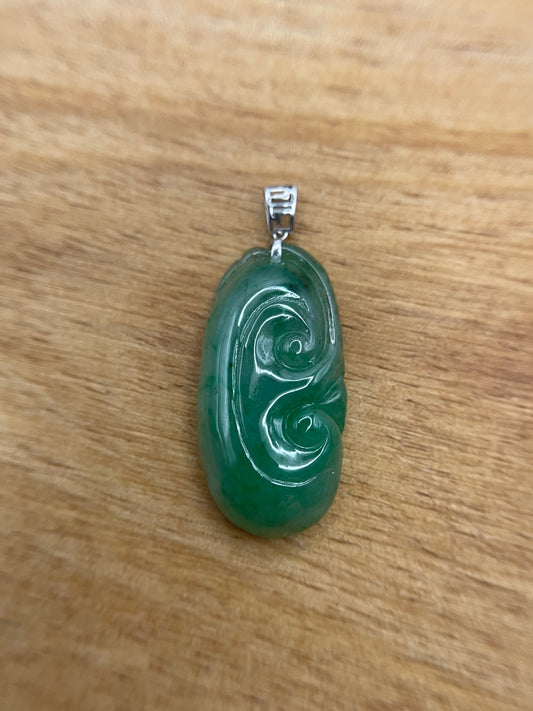 Grade A Natural Burma Jadeite Hand carved Green Yuyi (ruyi) 18k White gold pendant