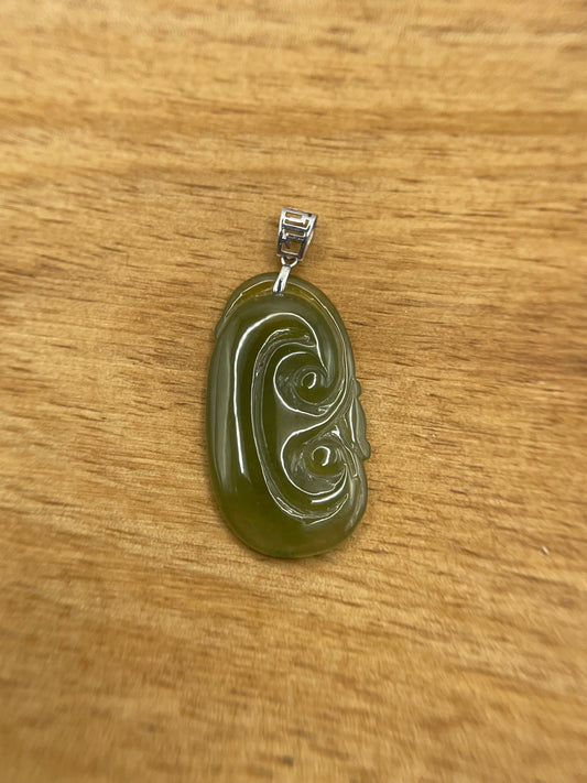 Grade A Natural Burma Jadeite Hand carved Green Yuyi (ruyi) 18k White gold pendant