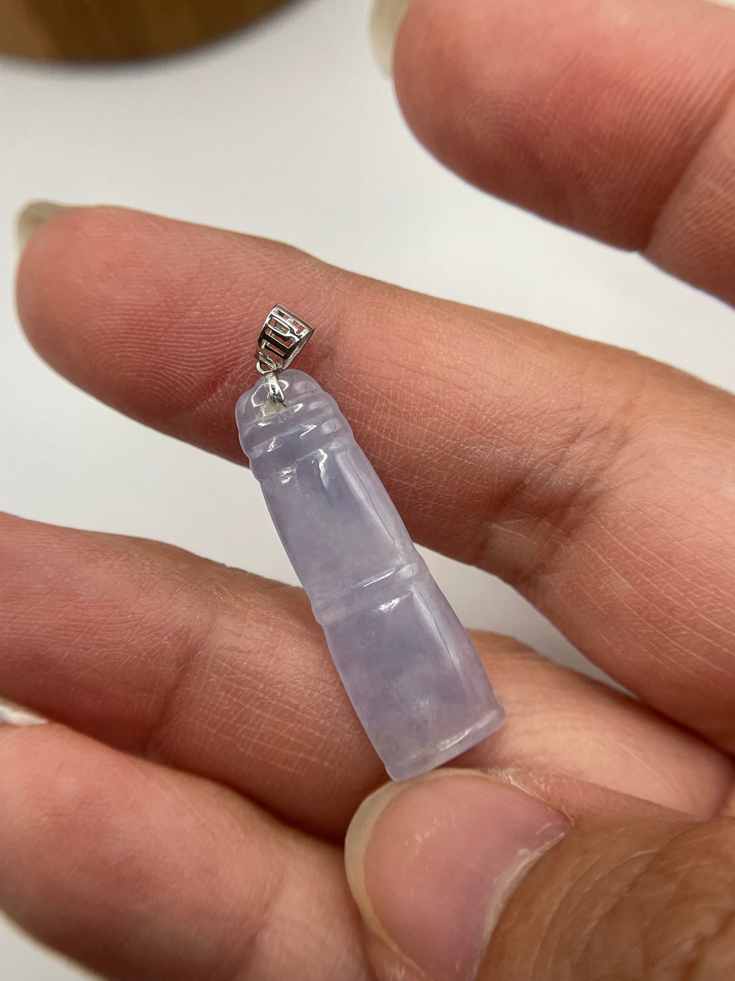 Grade A Natural Icy Lavender Burma jadeite bamboo with 18k white gold pandent