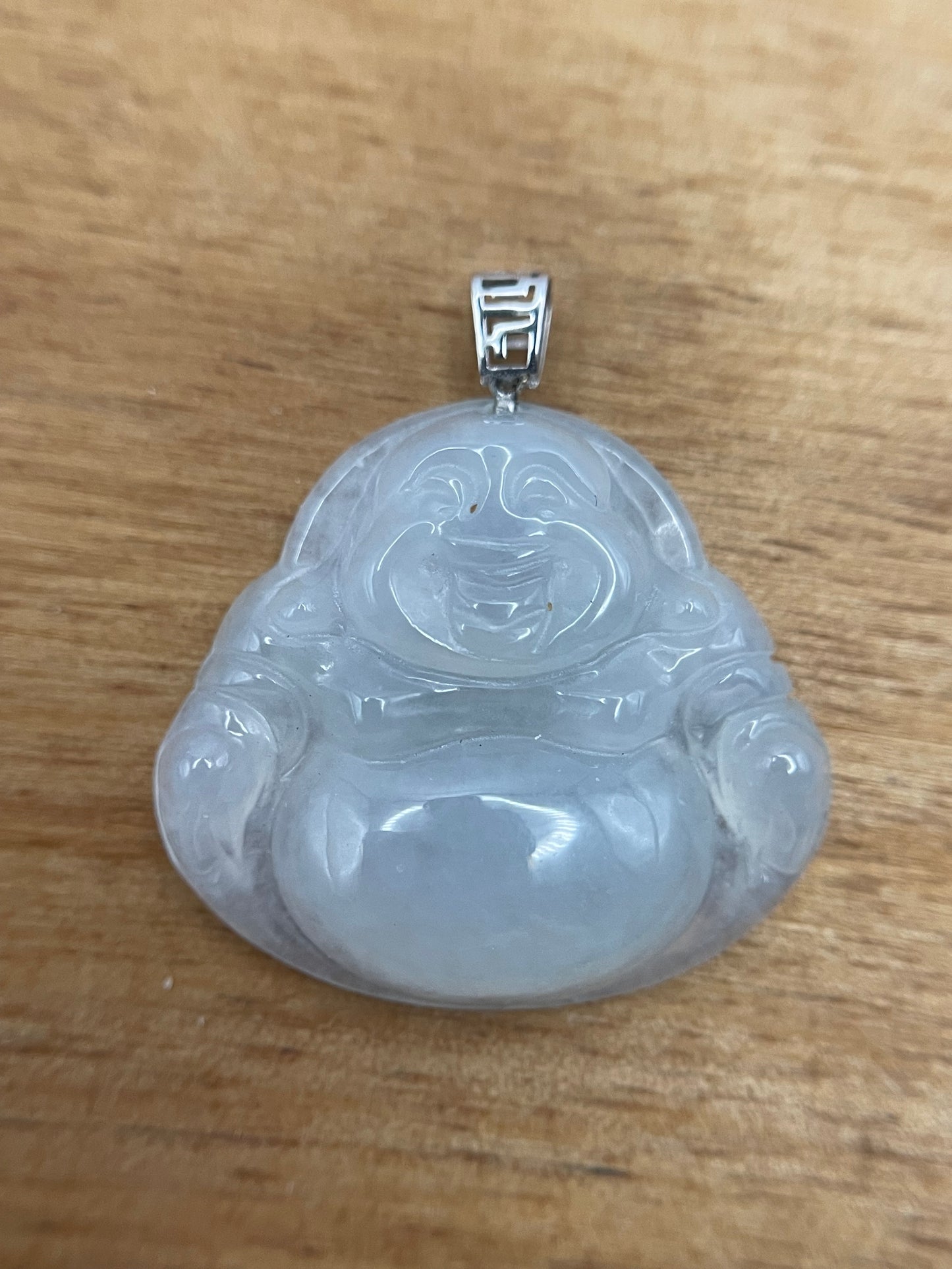 Icy white jadeite Buddha pendant with 18k white gold bail