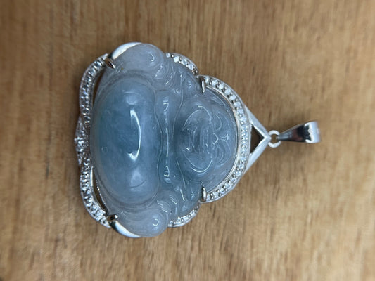 Icy Blue jadeite  Buddha pendant with Sterling silver bail necklace