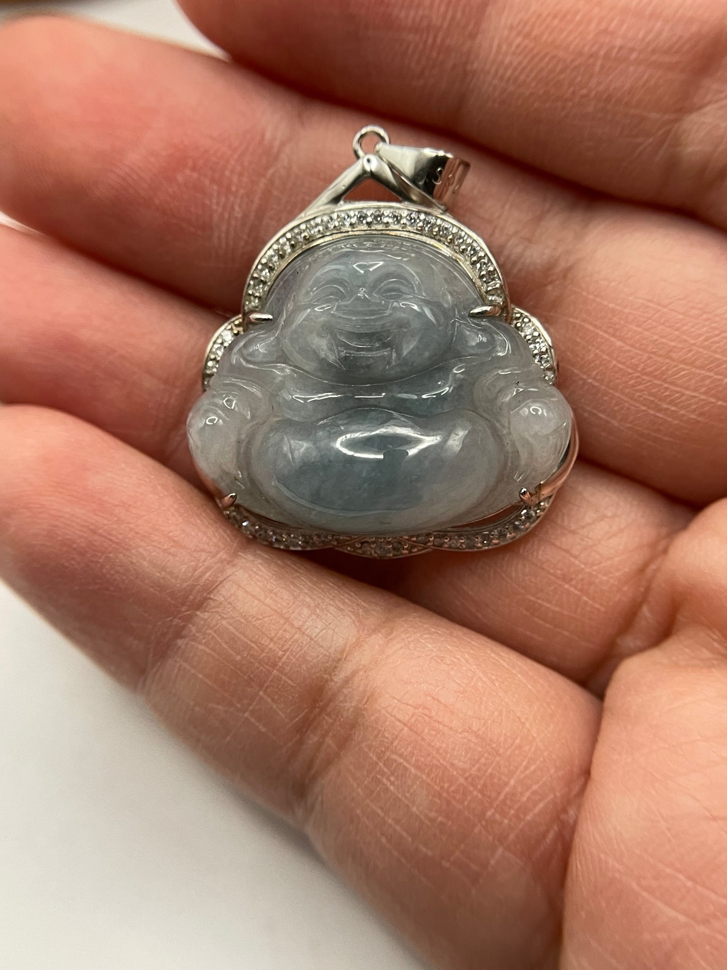 Icy Blue jadeite  Buddha pendant with Sterling silver bail necklace