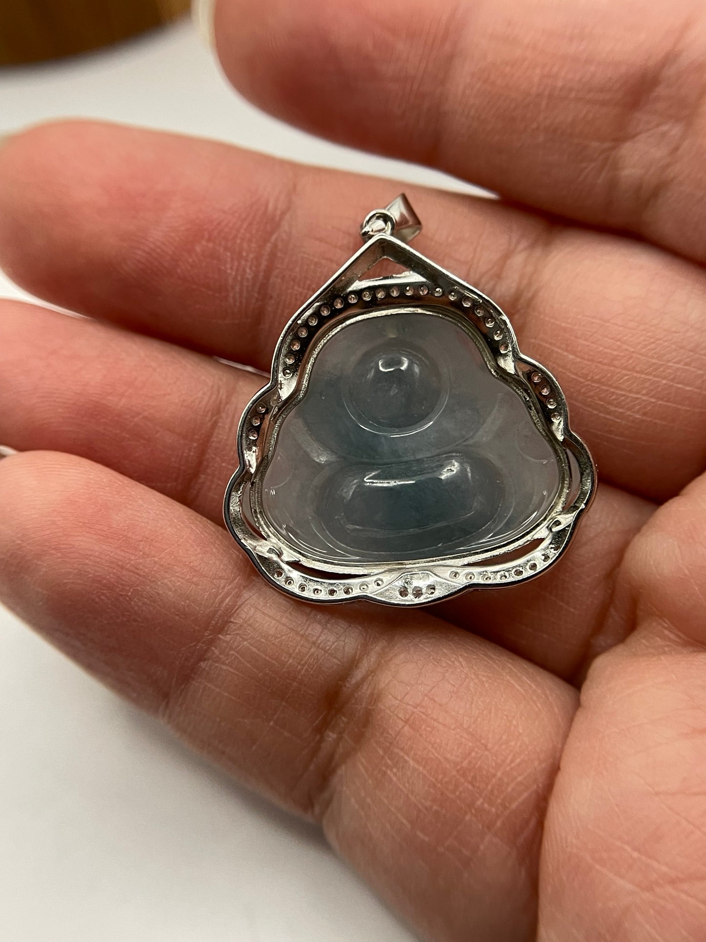 Icy Blue jadeite  Buddha pendant with Sterling silver bail necklace