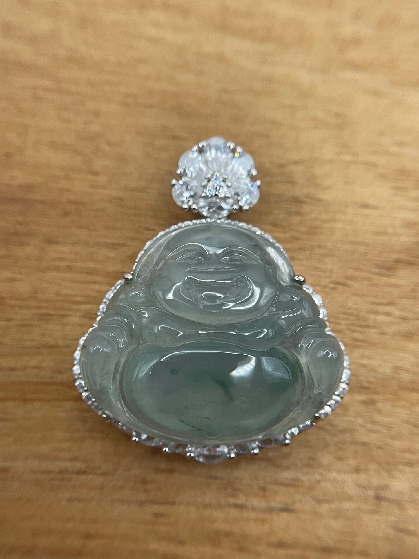 Icy Green jadeite Buddha pendant with Sterling silver bail