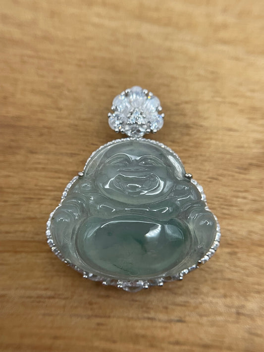 Icy Green jadeite Buddha pendant with Sterling silver bail