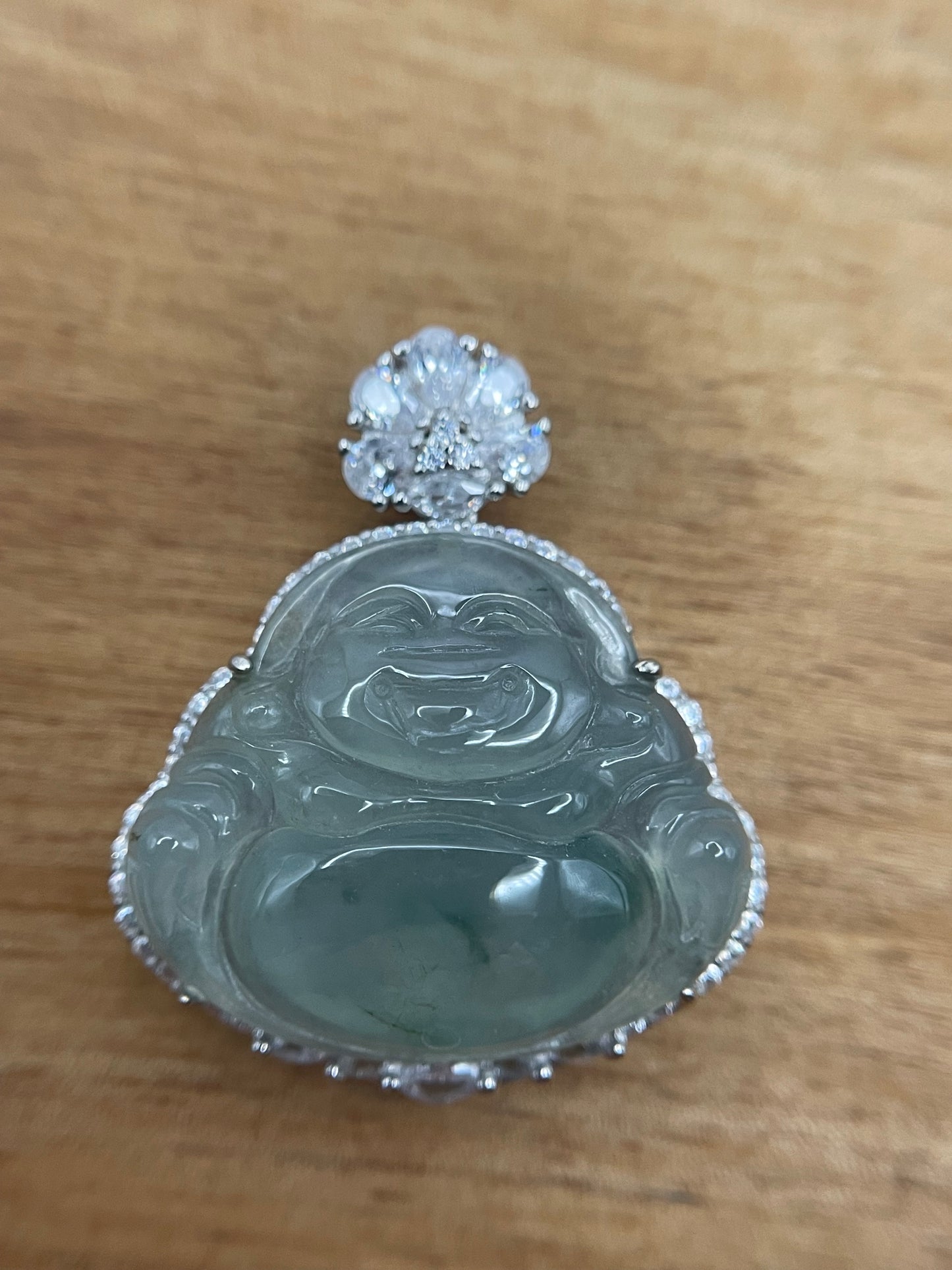 Icy Green jadeite Buddha pendant with Sterling silver bail