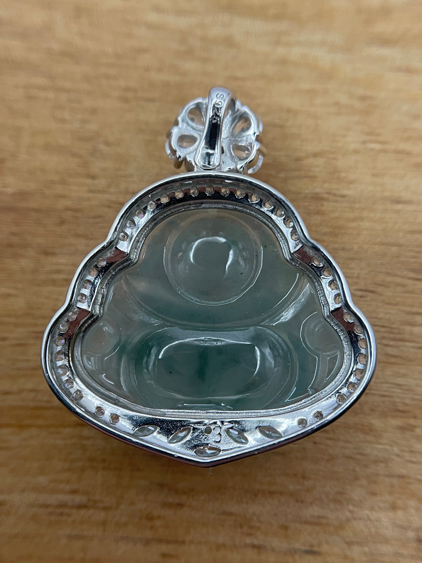 Icy Green jadeite Buddha pendant with Sterling silver bail